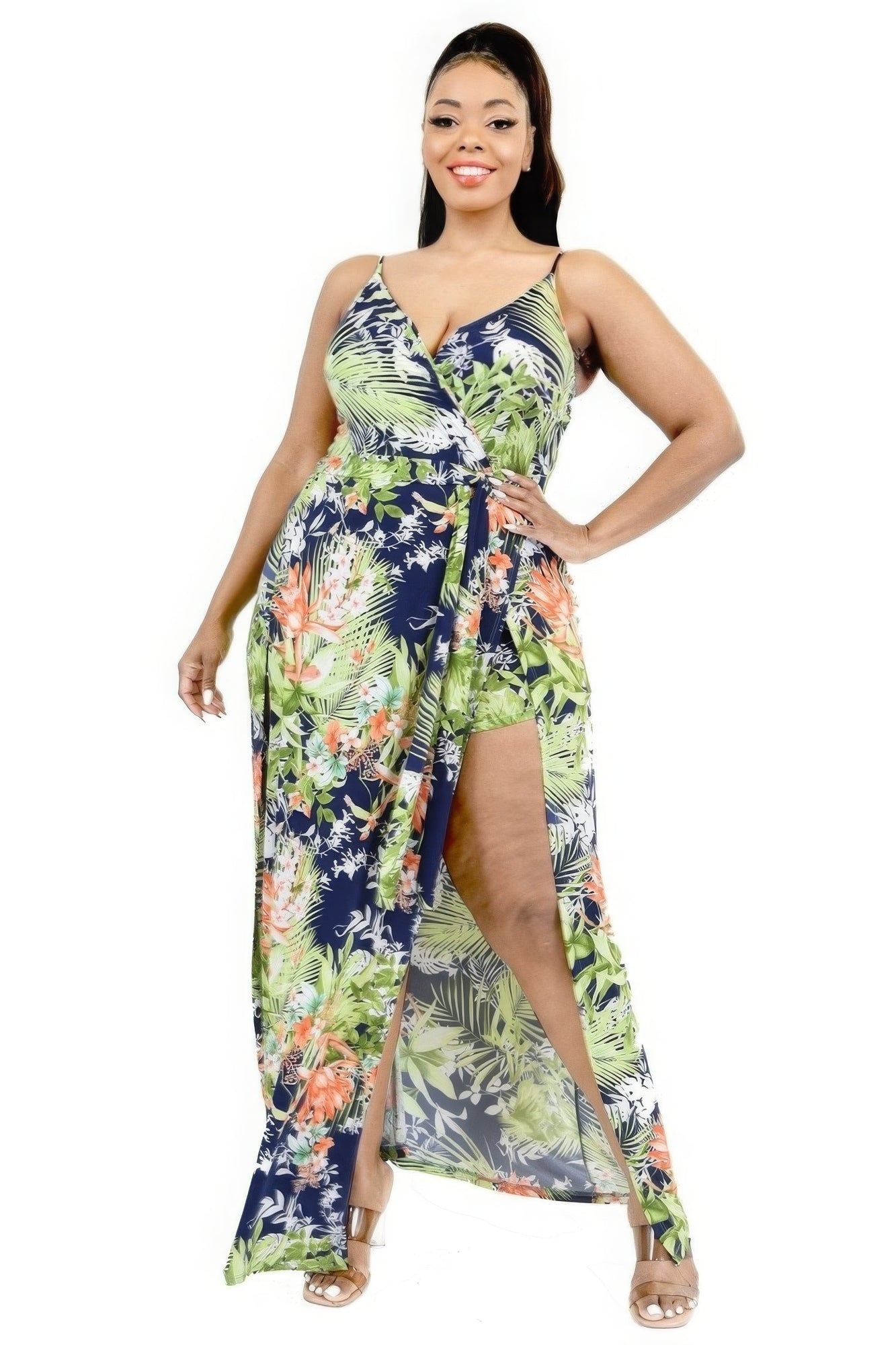 Stacey B's Plus Tropical Leaf Print Surplice Maxi Dress
