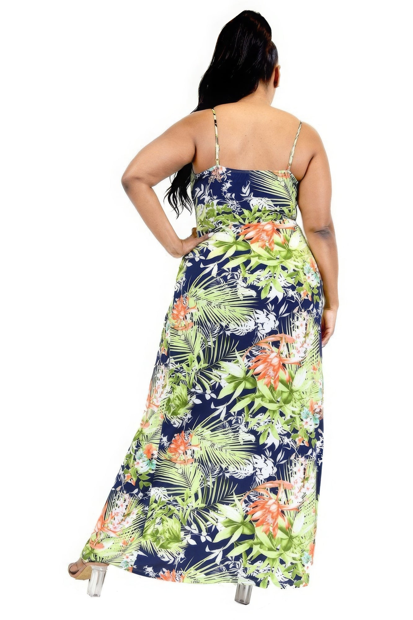 Stacey B's Plus Tropical Leaf Print Surplice Maxi Dress