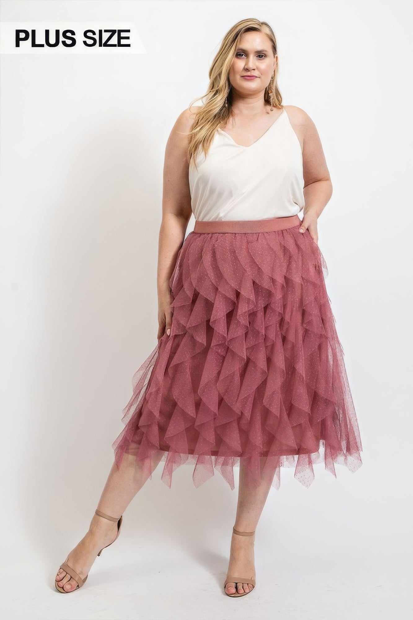 Stacey B's Ruffled Tulle Midi Skirt With Elastic Waist Band