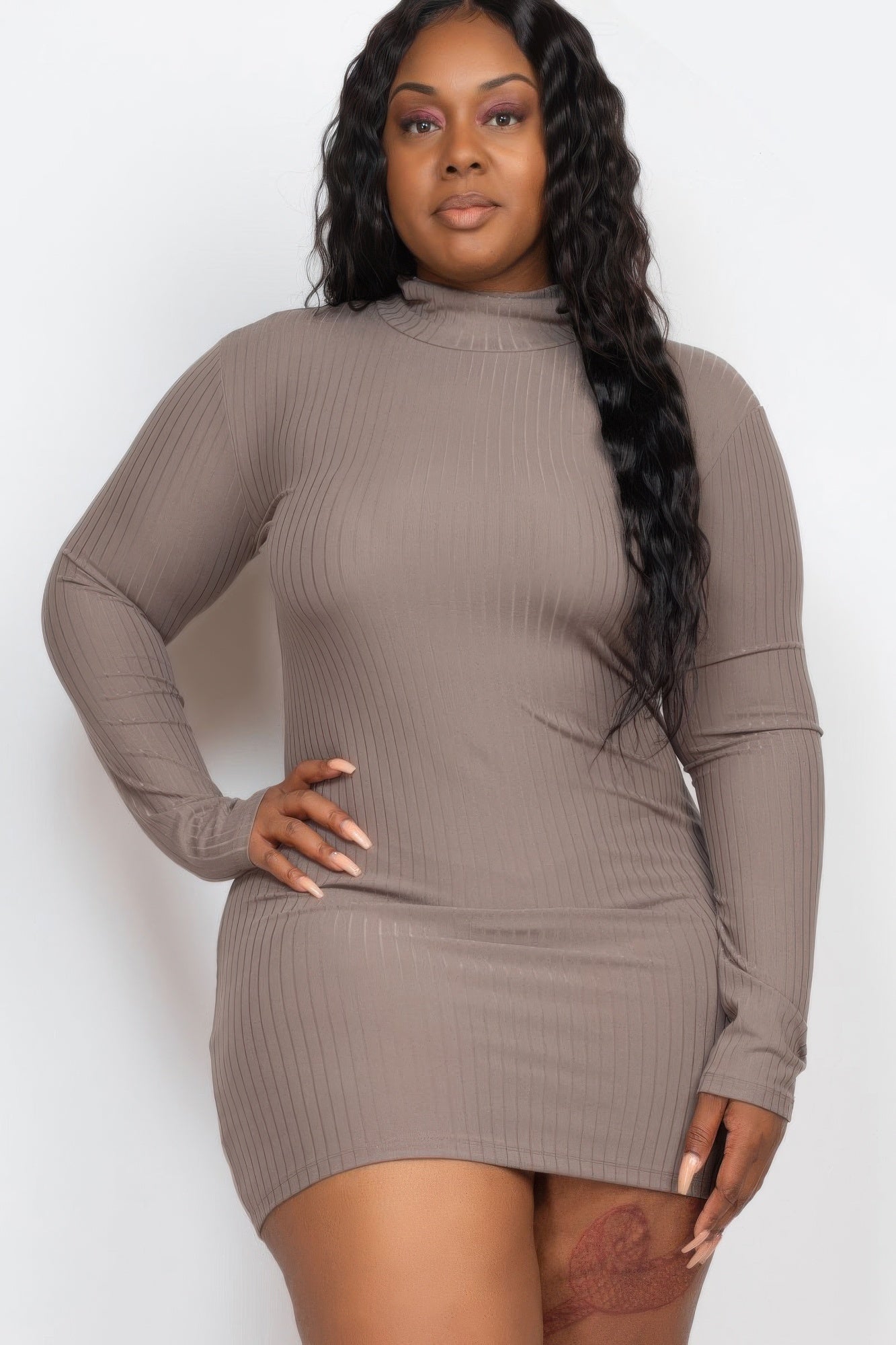 Stacey B's Plus Size Ribbed Long Sleeve Mock Neck Mini Bodycon Dress