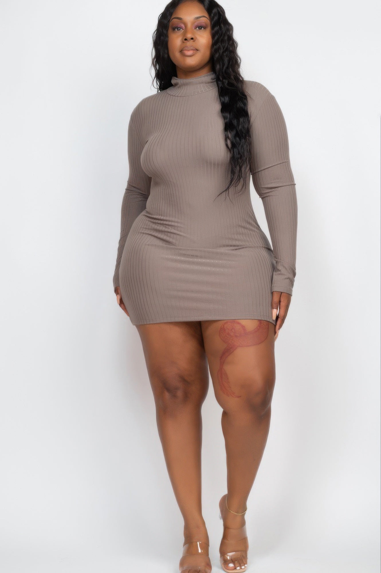 Stacey B's Plus Size Ribbed Long Sleeve Mock Neck Mini Bodycon Dress