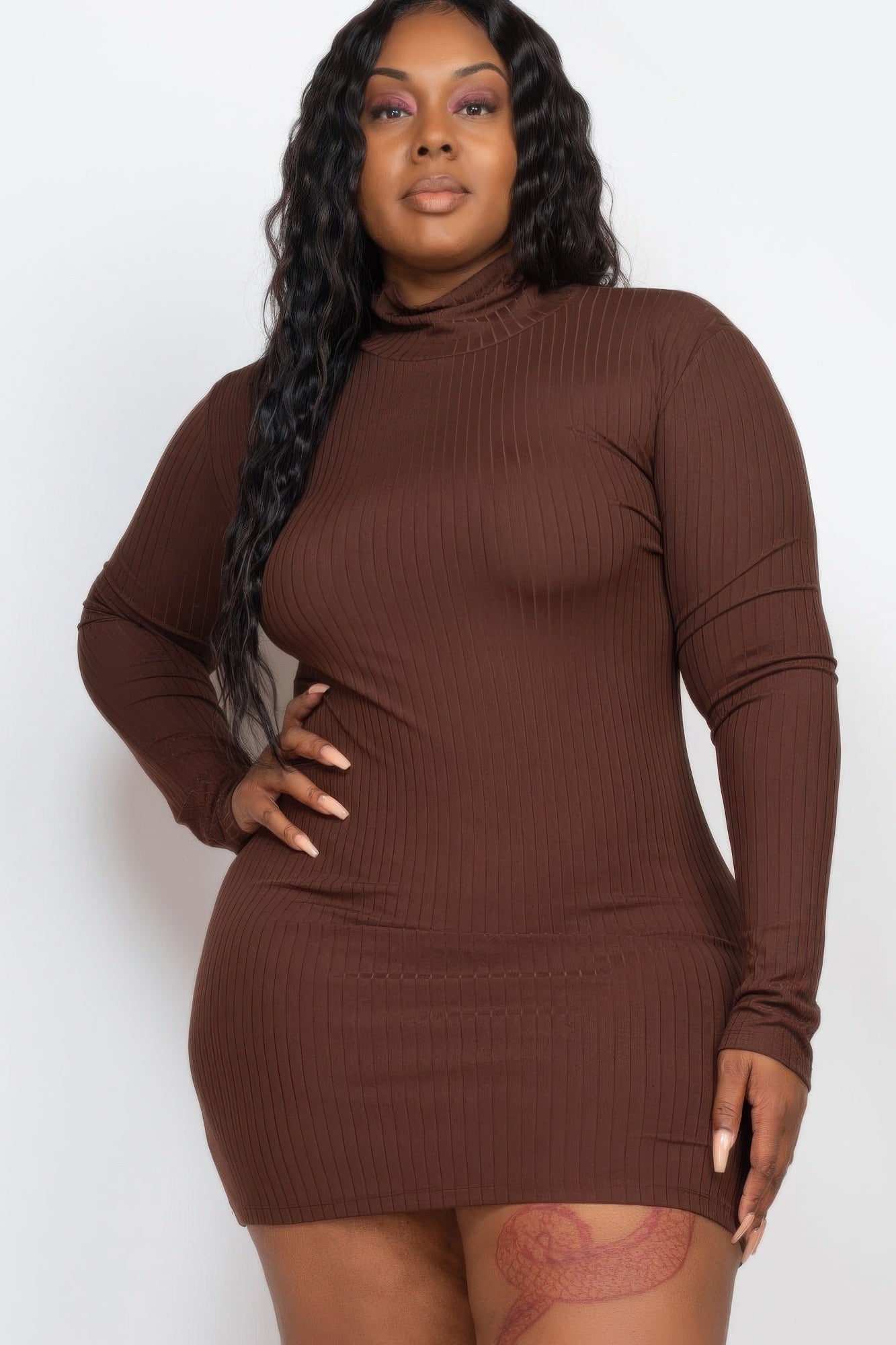 Stacey B's Plus Size Ribbed Long Sleeve Mock Neck Mini Bodycon Dress
