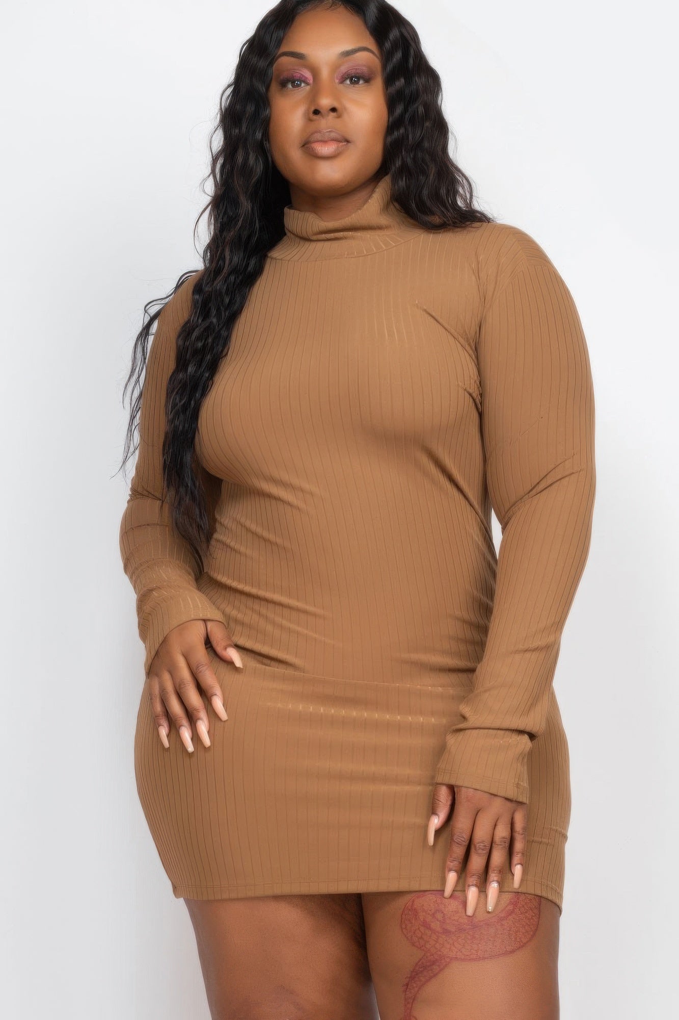 Stacey B's Plus Size Ribbed Long Sleeve Mock Neck Mini Bodycon Dress