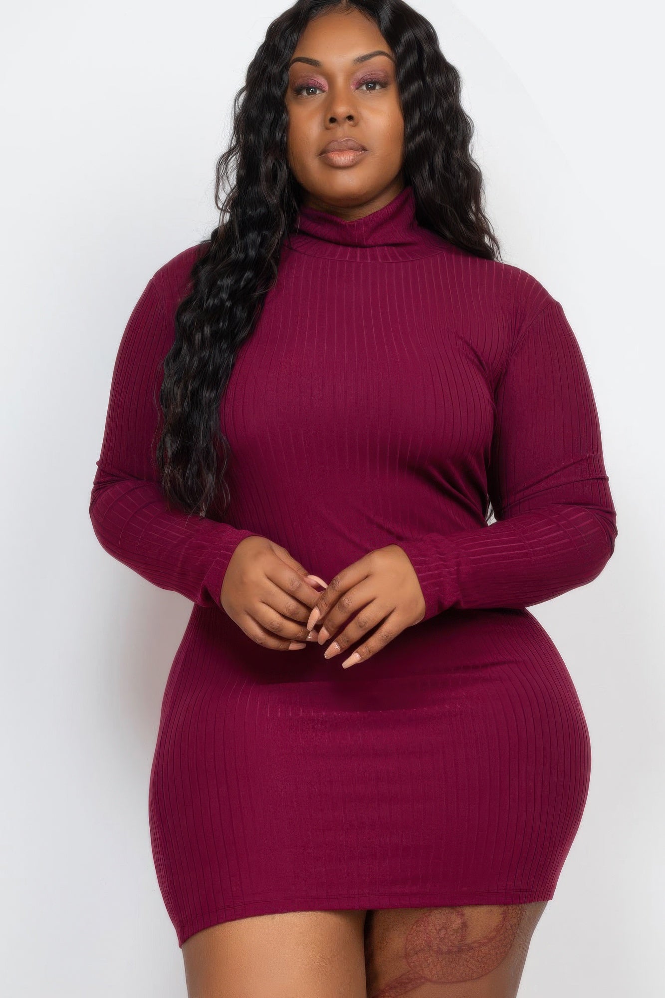 Stacey B's Plus Size Ribbed Long Sleeve Mock Neck Mini Bodycon Dress