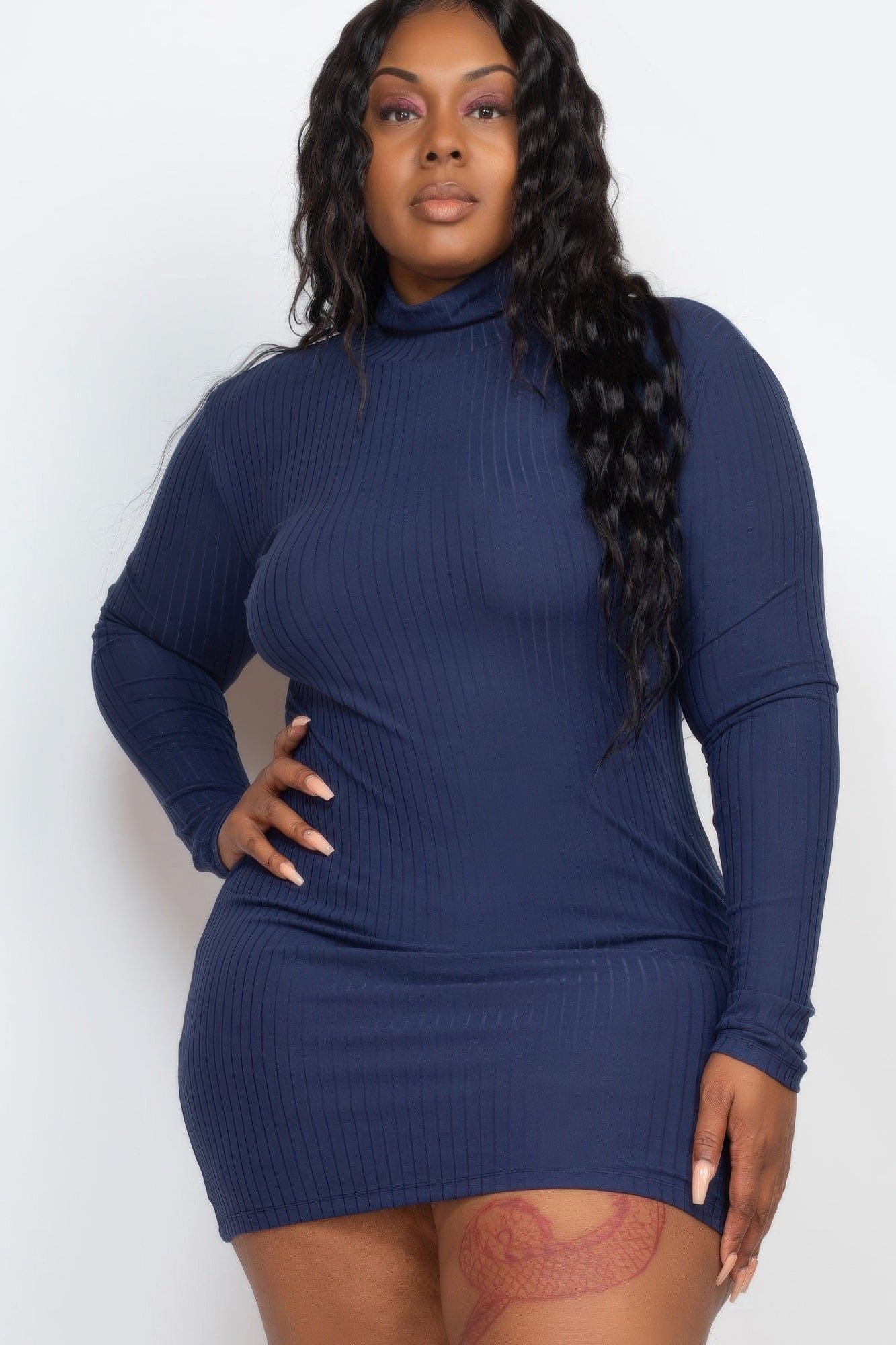Stacey B's Plus Size Ribbed Long Sleeve Mock Neck Mini Bodycon Dress