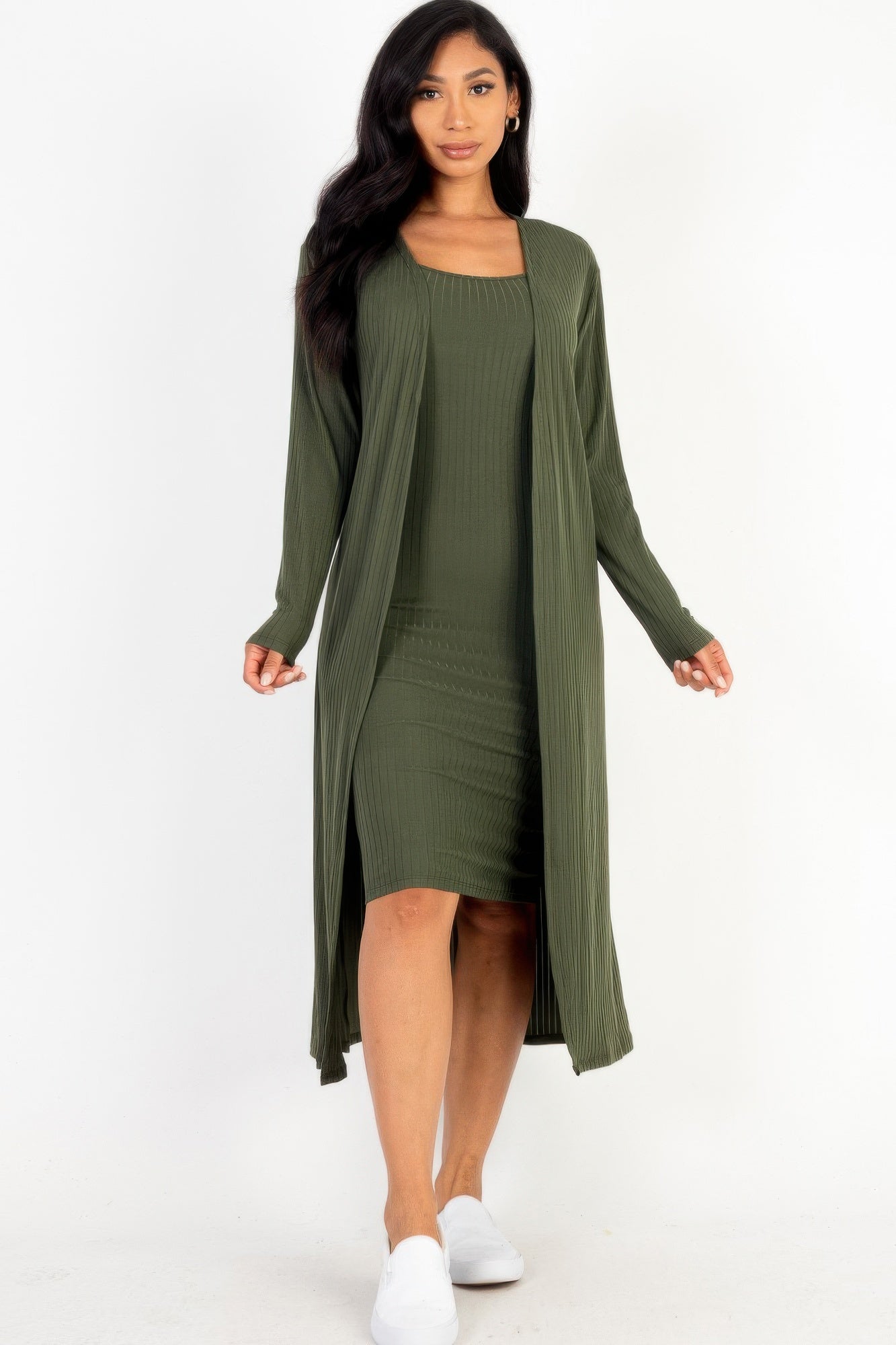 Stacey B's Ribbed Cardigan & Cami Midi Bodycon Dress