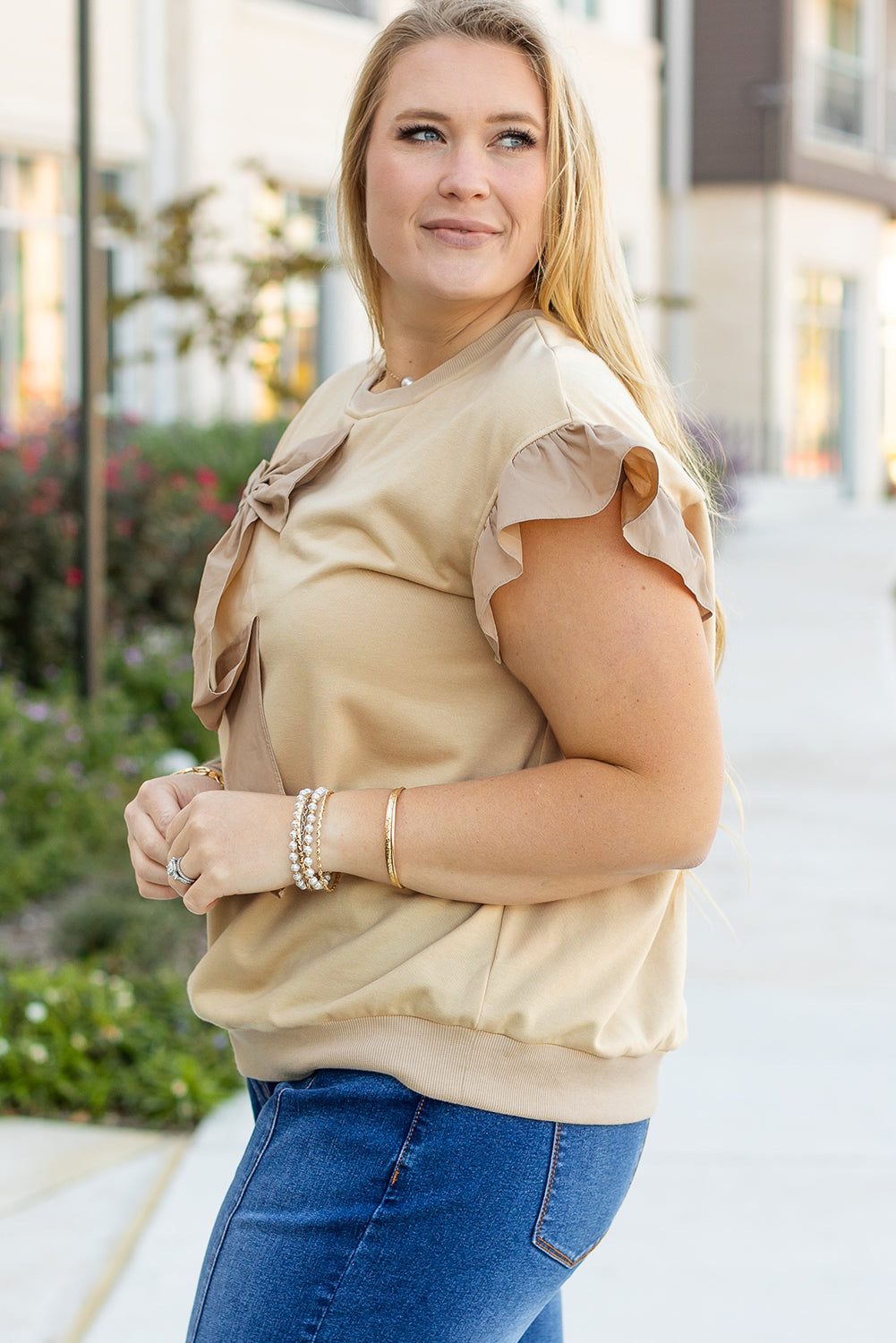 Stacey B's Parchment Ruffled Short Sleeve Bowknot Applique Crew Neck Plus Size Top