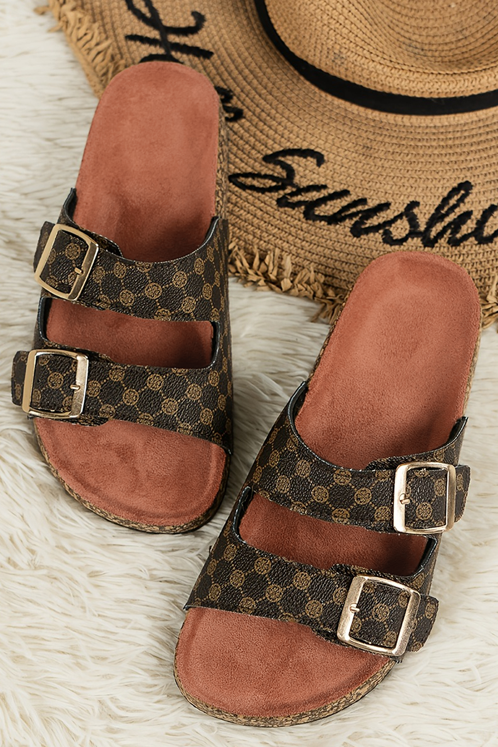 Stacey B's Coffee Geometric Print Cut Out Buckle PU Leather Flat Slippers