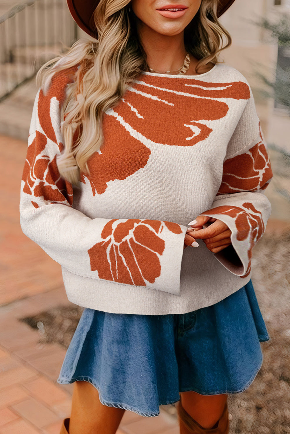 Stacey B's Beige Bold Flower Pattern Wide Sleeve Baggy Sweater