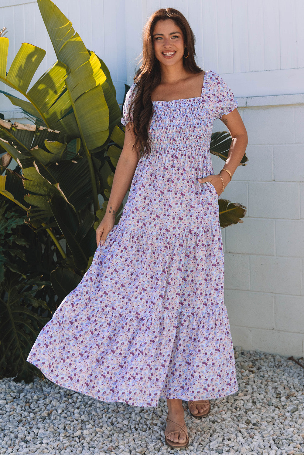 Stacey B's Purple Floral Short Bubble Sleeve Shirred High Waist Maxi Dress