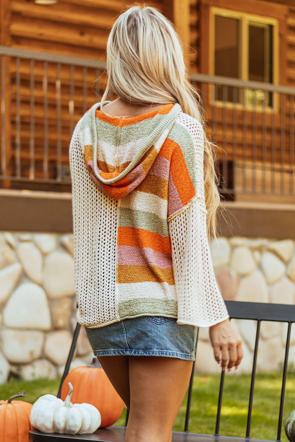 Stacey B's Beige Oversized Colorblock V Neck Hooded Sweater