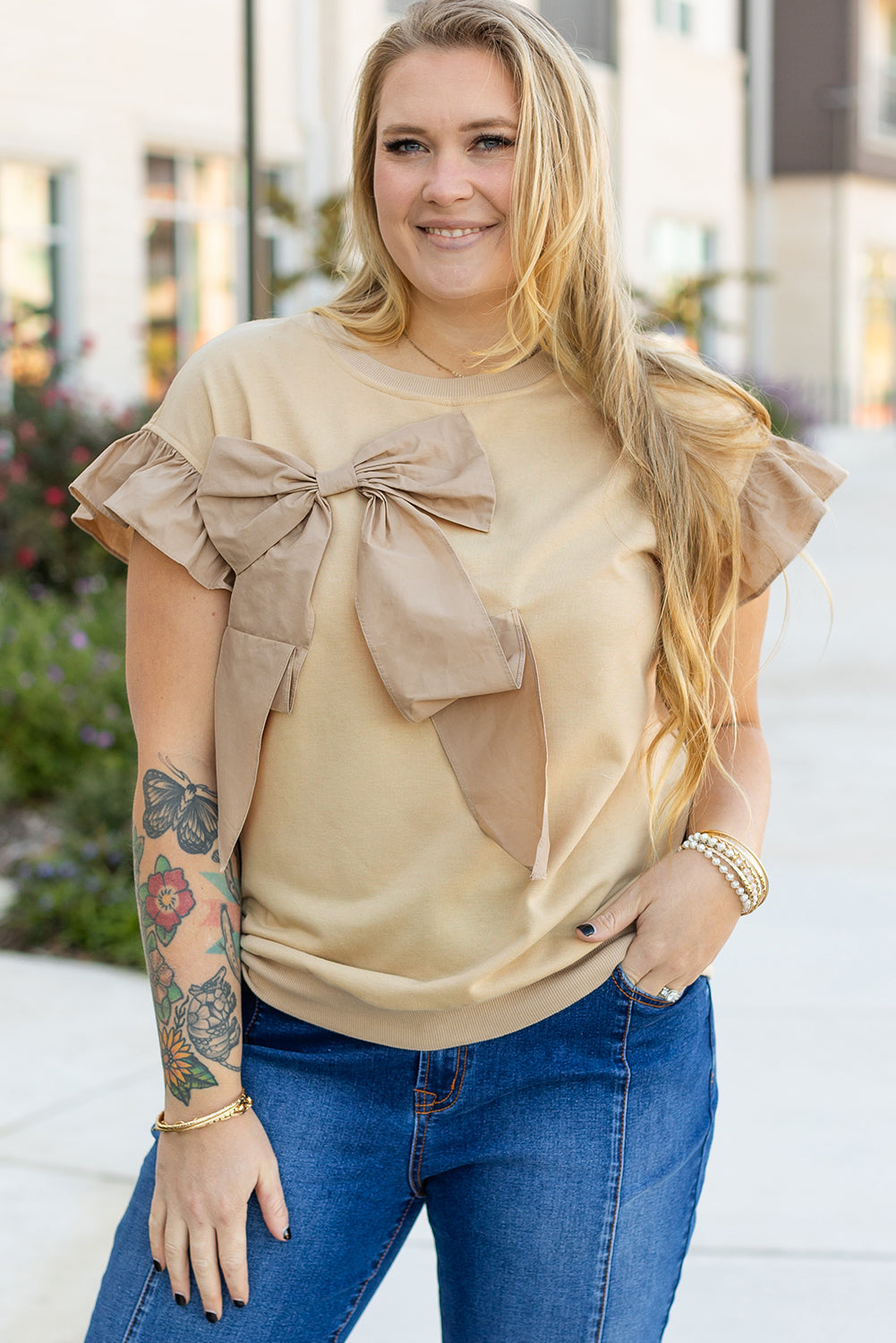 Stacey B's Parchment Ruffled Short Sleeve Bowknot Applique Crew Neck Plus Size Top