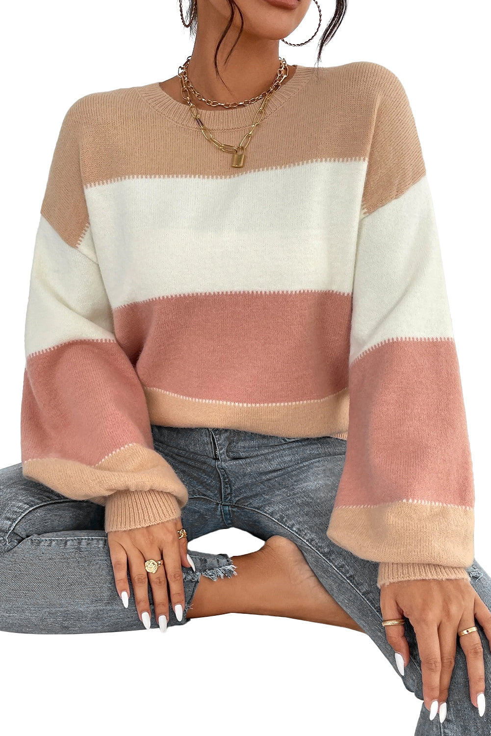 Stacey B's Dusty Pink Color Block Lantern Sleeve Drop Shoulder Sweater