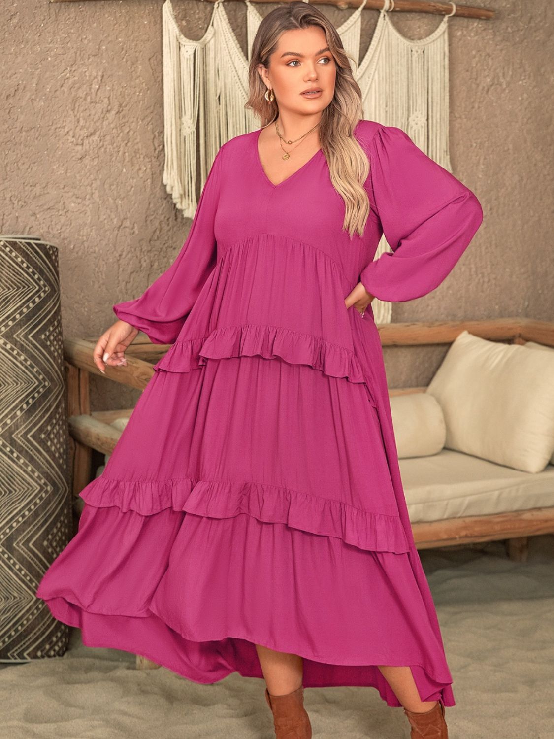 Stacey B's Ruffled V-Neck Long Sleeve Dress