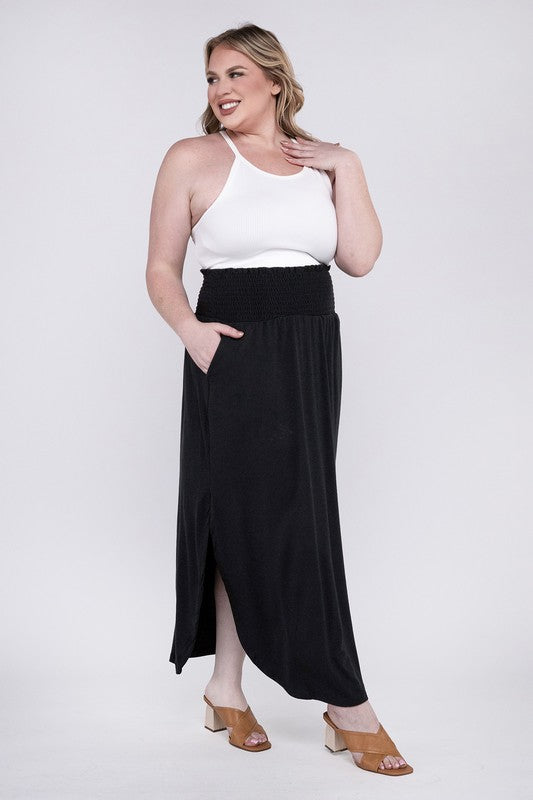 Stacey B's Plus Smocked Waist Side Slit Maxi Skirt w/ Pockets