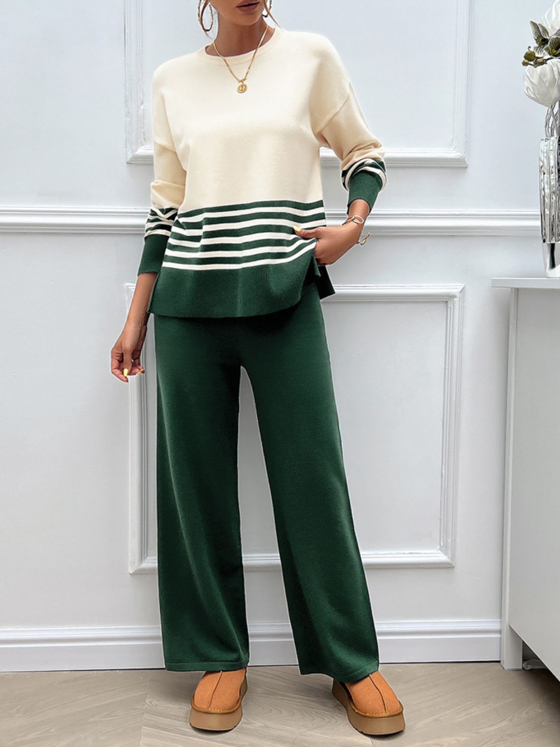 Stacey B's Devine Slit Striped Round Neck Top and Pants Sweater Set