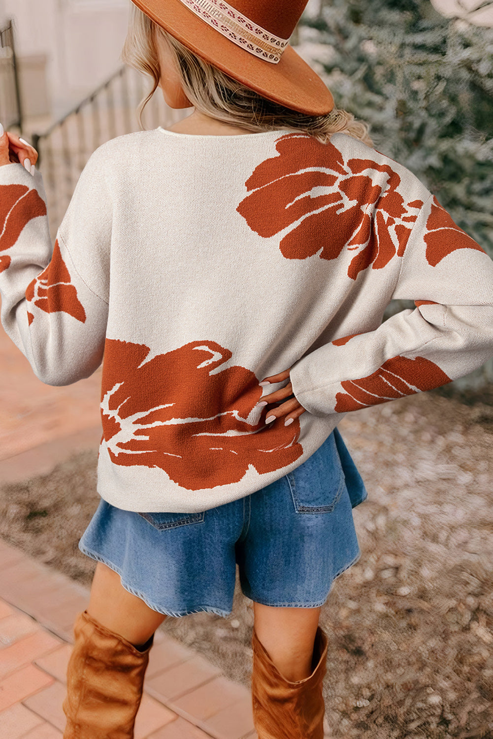 Stacey B's Beige Bold Flower Pattern Wide Sleeve Baggy Sweater