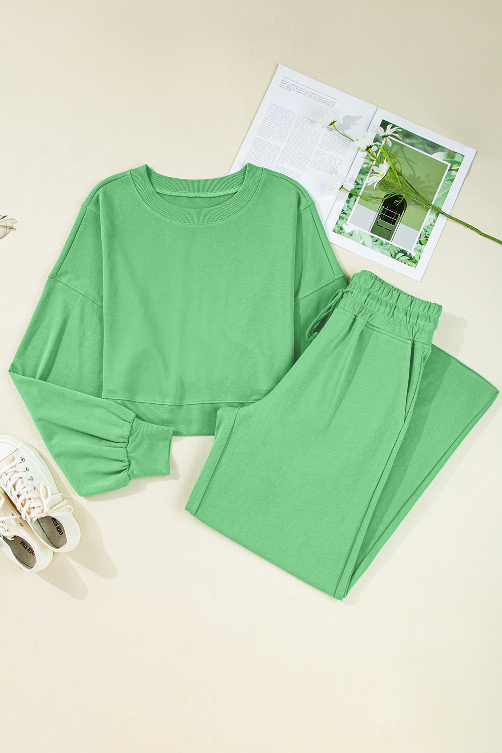 Stacey B's Bright Green Drop Shoulder Crop Pullover Drawstring Wide Leg Pants Set