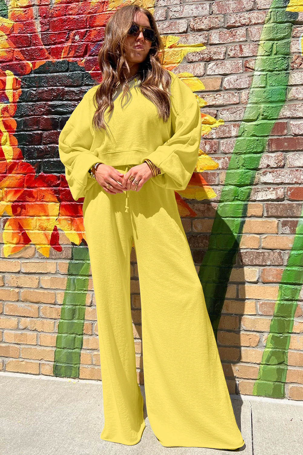 Stacey B's Bright Green Drop Shoulder Crop Pullover Drawstring Wide Leg Pants Set