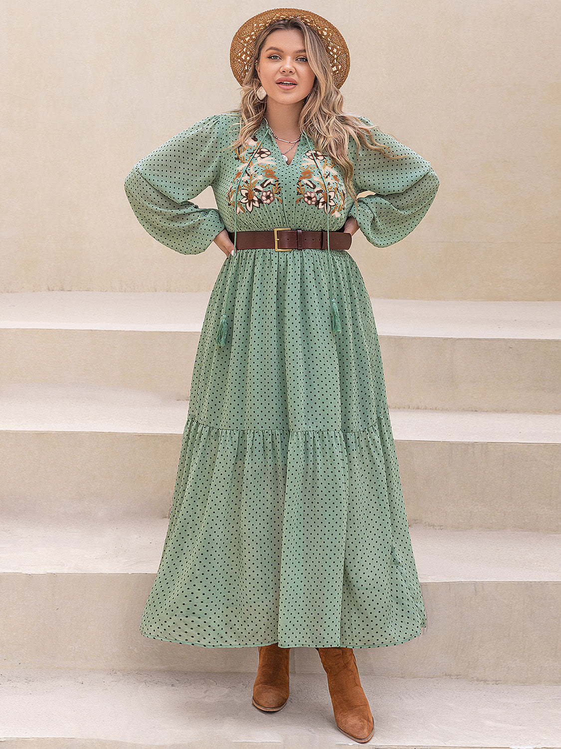 Stacey B's Tassel Printed Tie Neck Long Sleeve Midi Dress