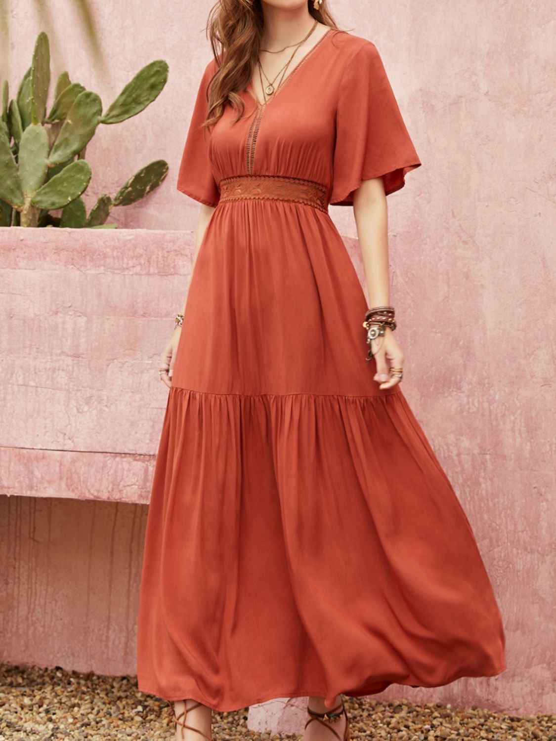 Stacey B's Lace Detail V-Neck Half Sleeve Midi Dress