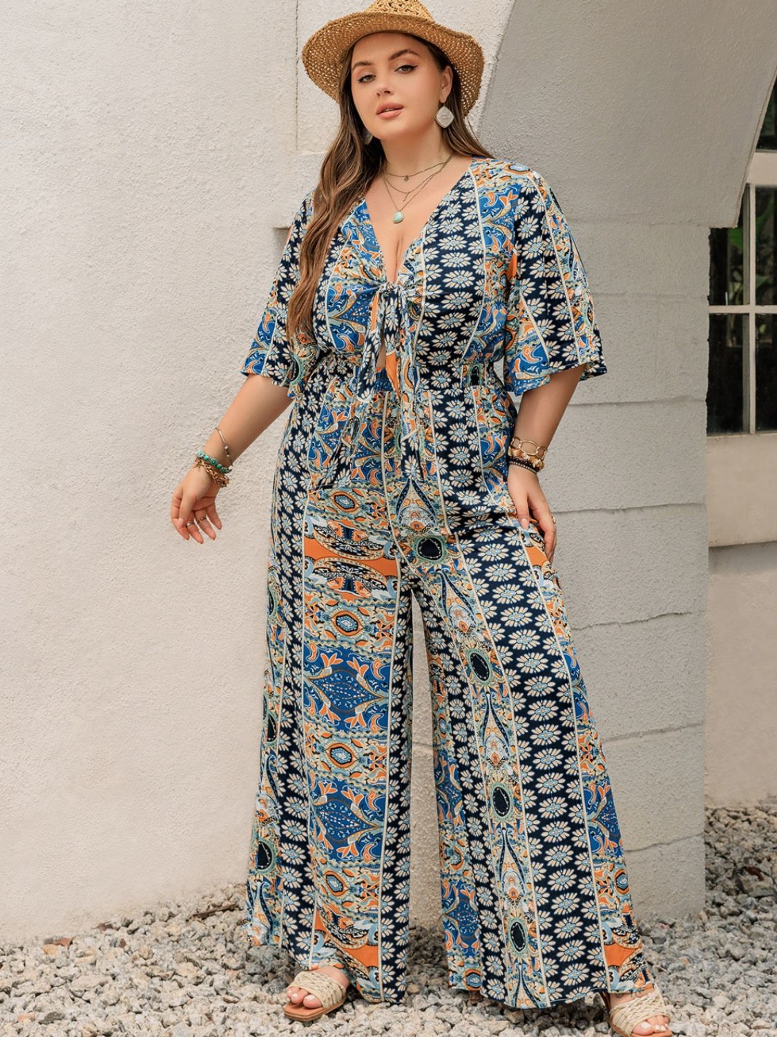 Stacey B's Printed Half Sleeve Wide Leg Jumpsuit