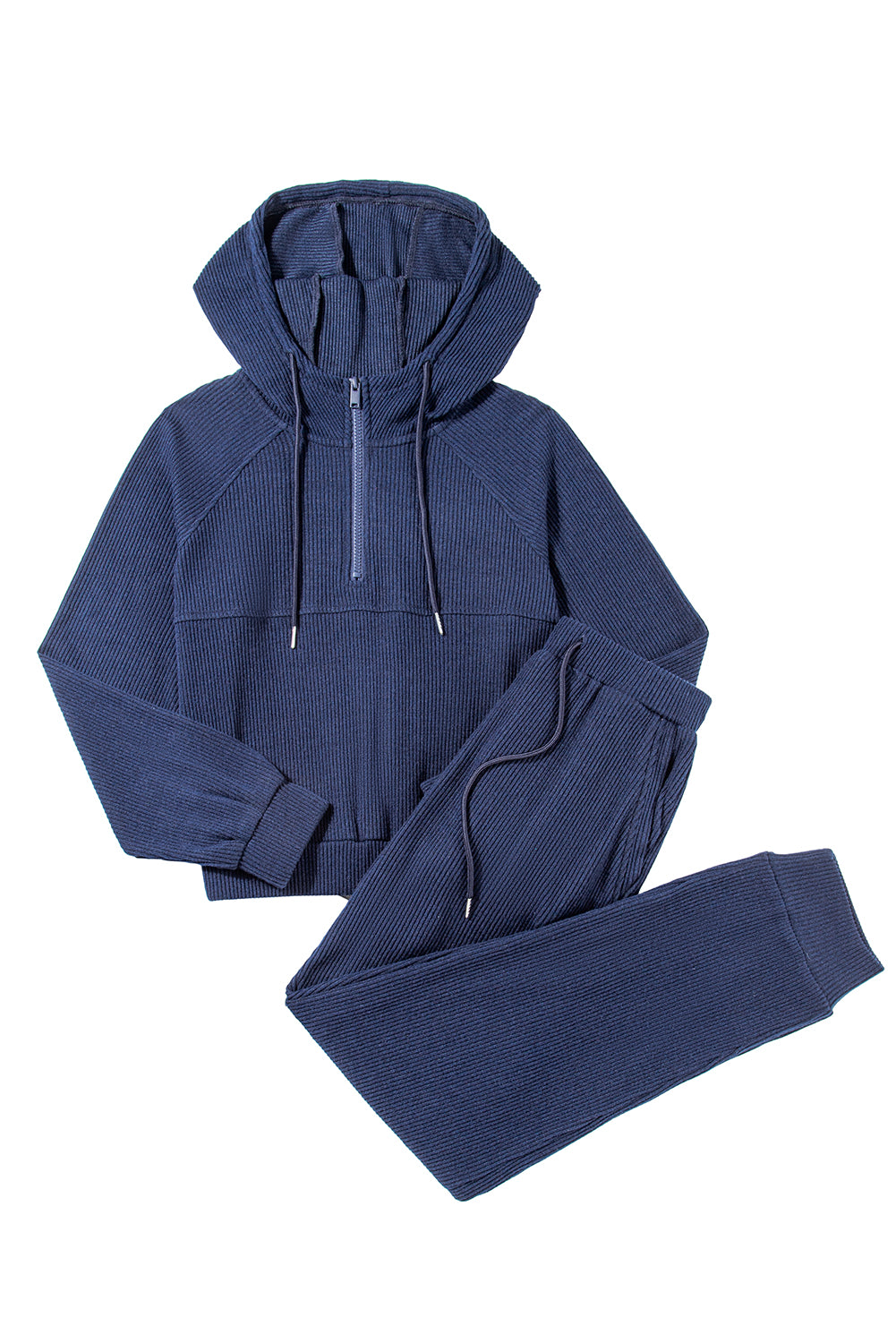 Stacey B's Navy Blue Ribbed Knit Cropped Hoodie and Drawstring Joggers Set