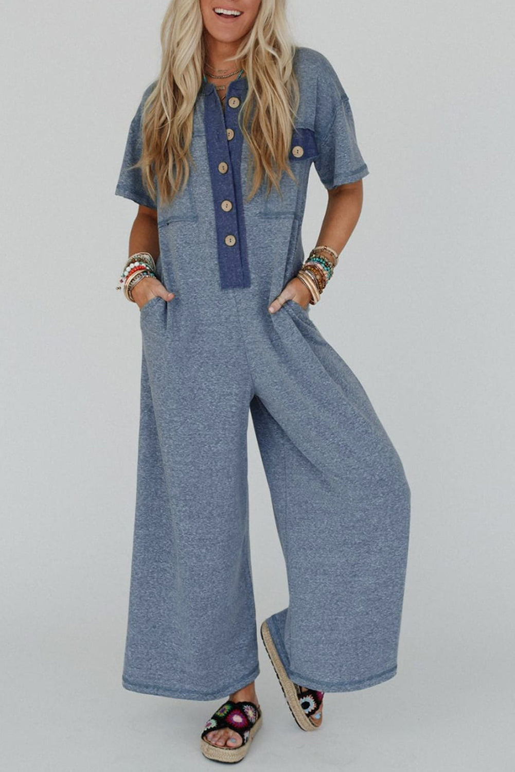 Stacey B's Beau Blue Half Placket Chest Pockets Short Sleeve Wide Leg Jumpsuit