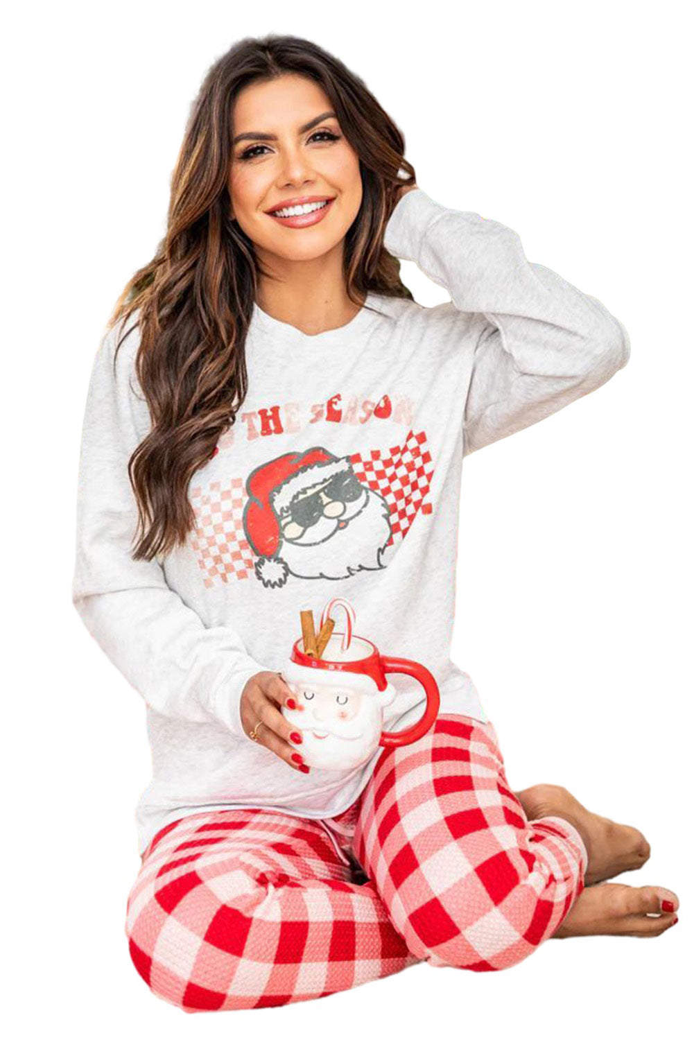 Stacey B's Multicolor Christmas Santa Graphic Top and Plaid Pants Pajama Set