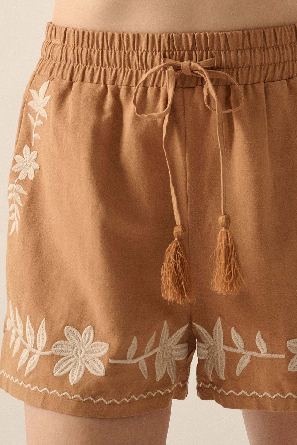 Stacey B's Khaki Embroidered Boho Tasseled Drawstring Elastic Waist Casual shorts