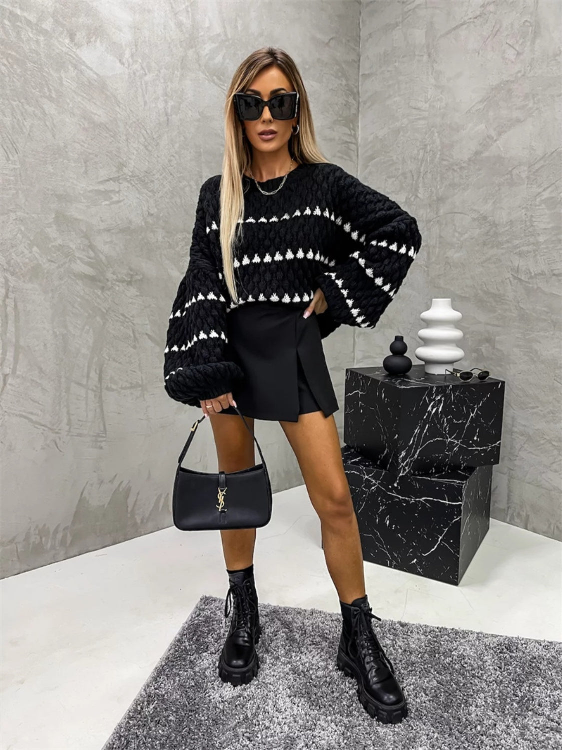 Stacey B's Contrast Round Neck Long Sleeve Sweater