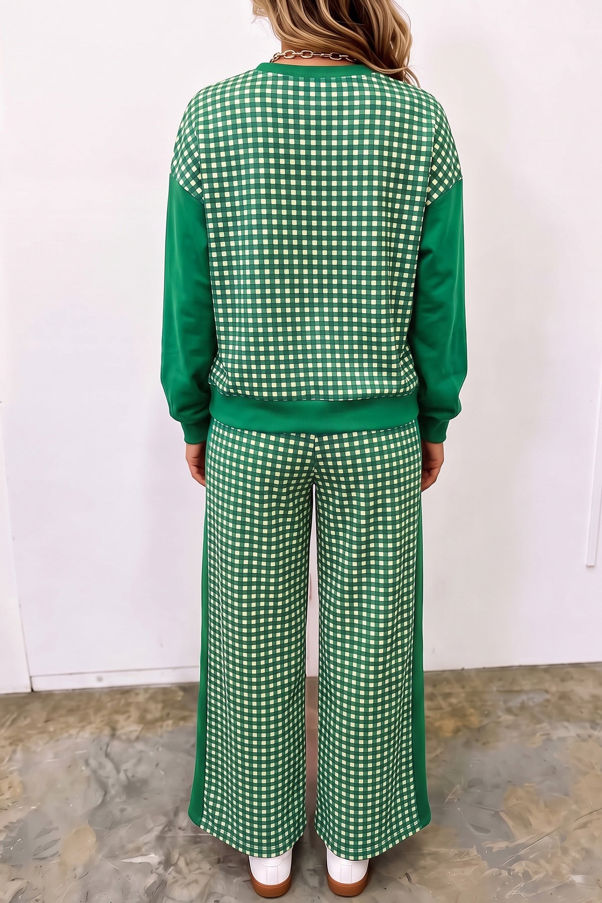 Stacey B's Brown Color Block Plaid Patchwork Long Sleeve Pullover Wide Leg Pant Set