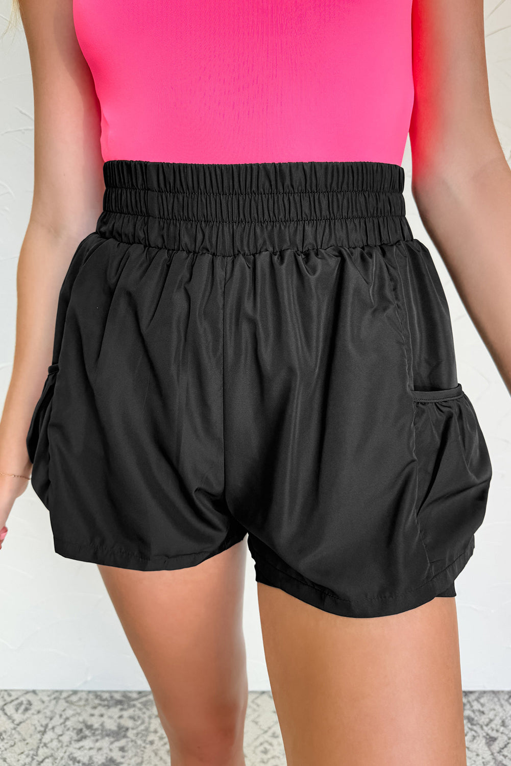Stacey B's Black Elastic High Waist Pocketed Casual Shorts