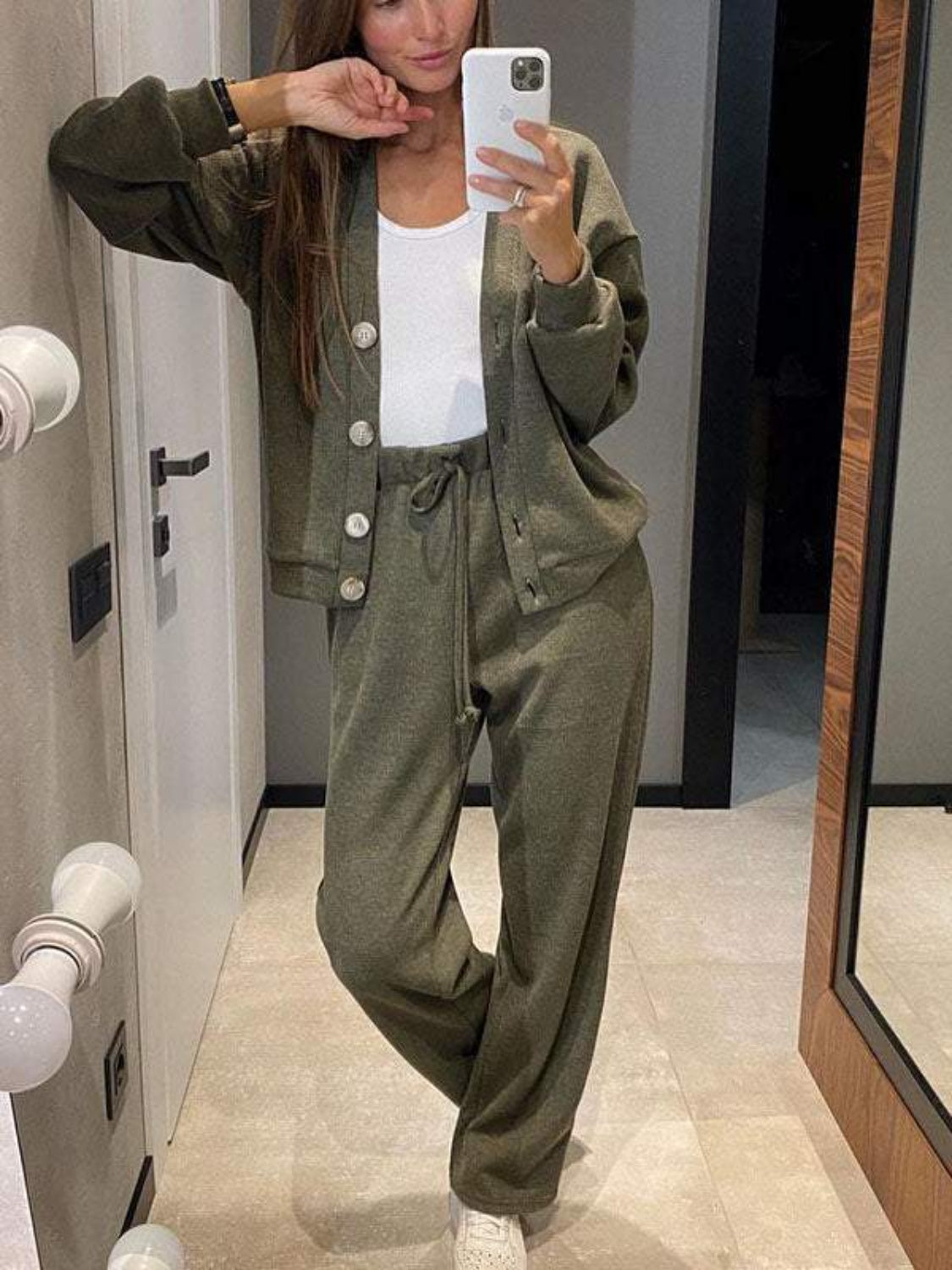 Stacey B's Full Size Button Up Long Sleeve Top and Pants Set
