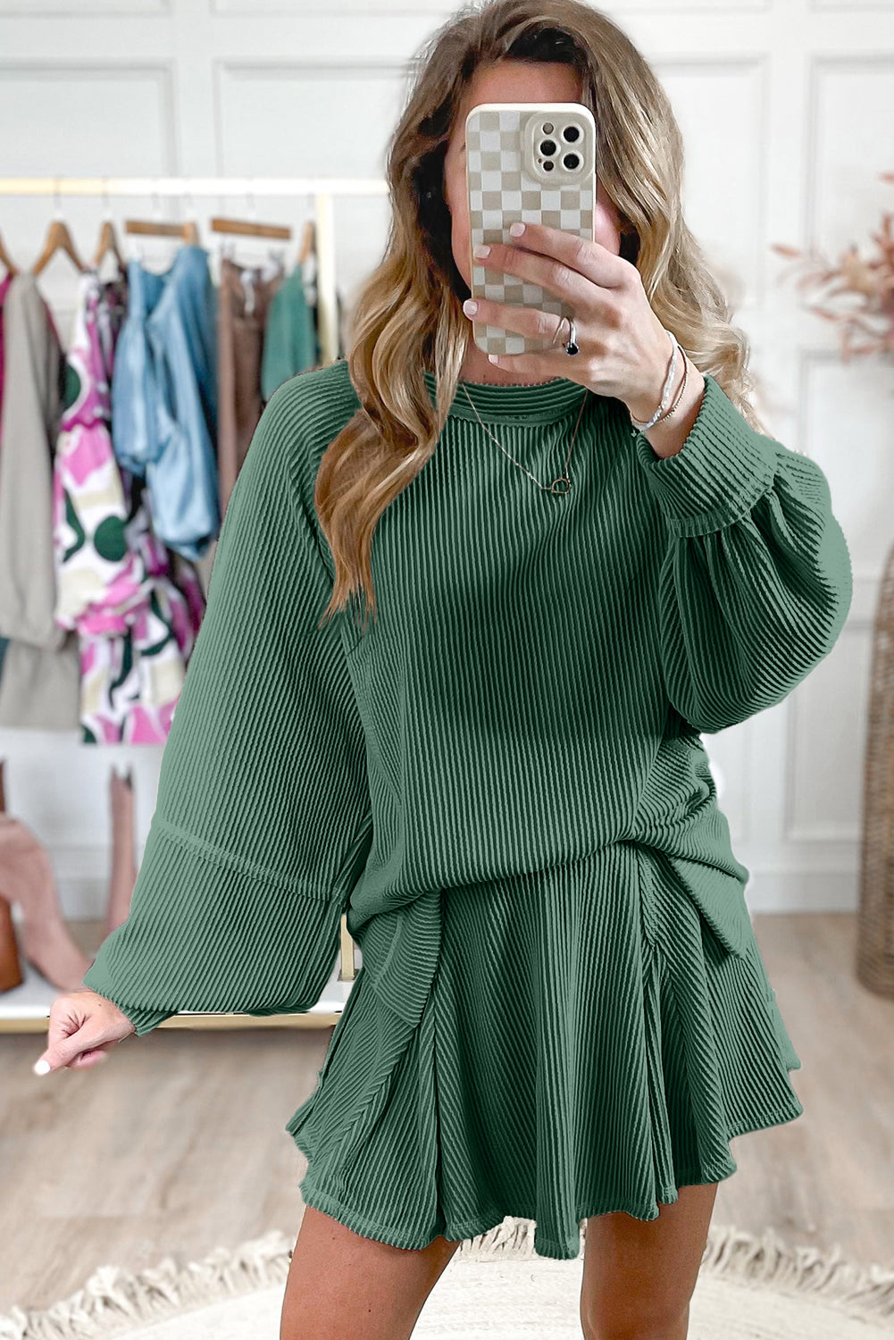 Stacey B's Jet Stream Corded Lantern Sleeve Pullover and Ruffle Mini Skirt Set