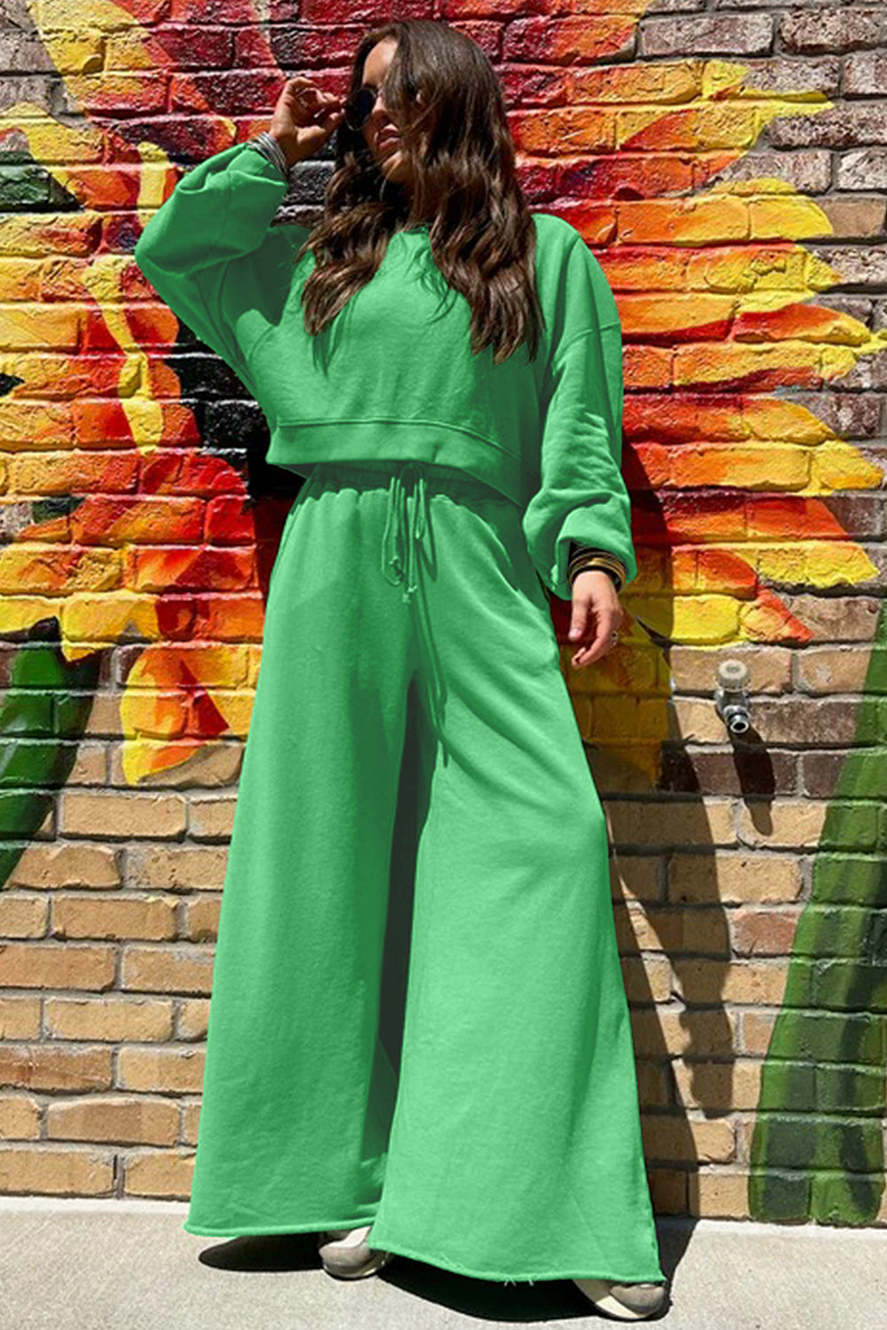 Stacey B's Bright Green Drop Shoulder Crop Pullover Drawstring Wide Leg Pants Set