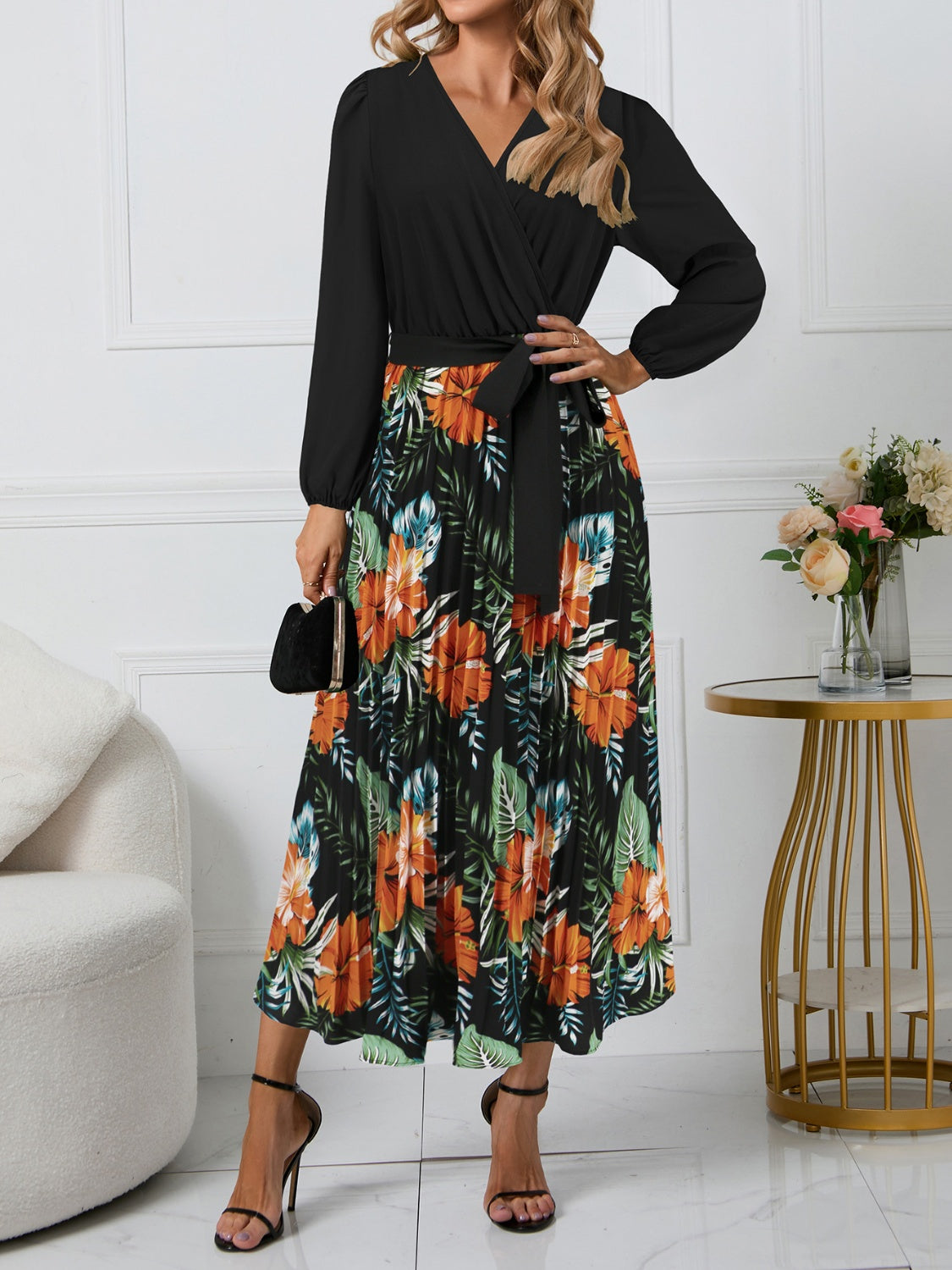 Stacey B's Pleated Printed Surplice Long Sleeve Dress