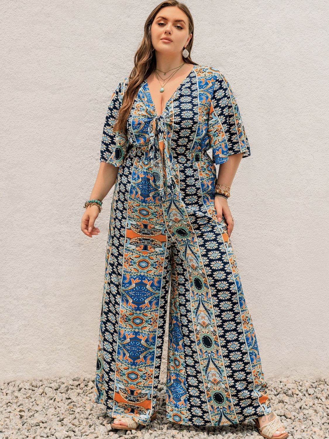 Stacey B's Printed Half Sleeve Wide Leg Jumpsuit