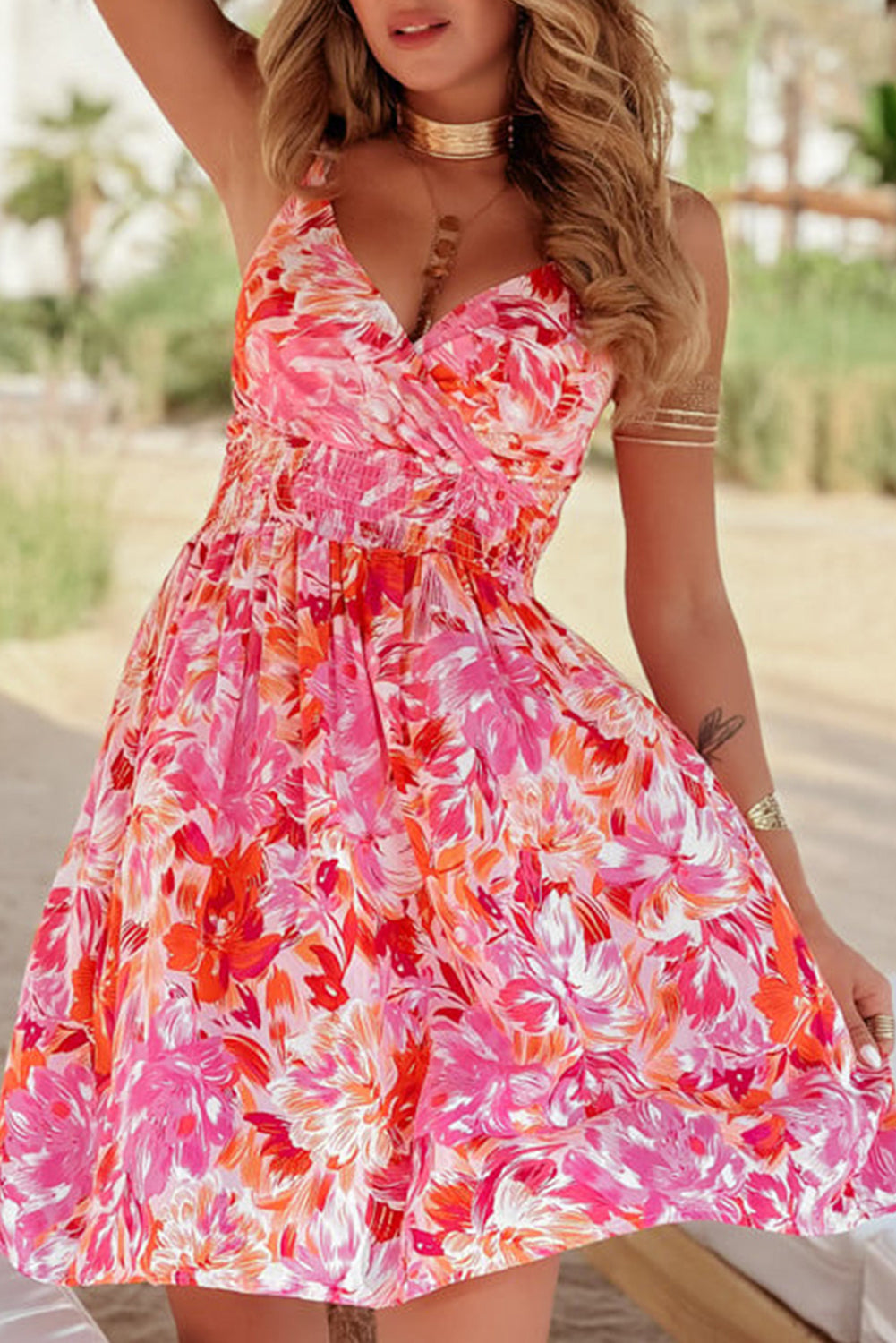 Stacey B's Red Floral Spaghetti Strap Surplice Neck Shirred Waist Mini Dress