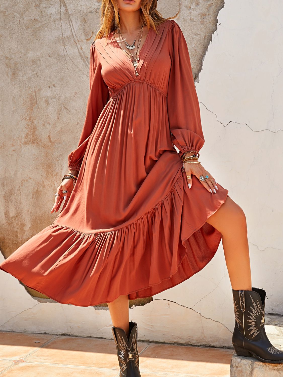 Stacey B's Ruched V-Neck Long Sleeve Midi Dress