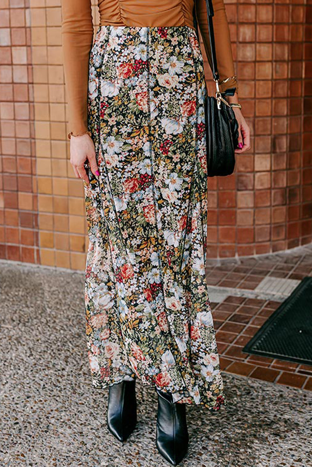 Stacey B's Brown Allover Floral Print Bohemian High Waist Maxi Skirt