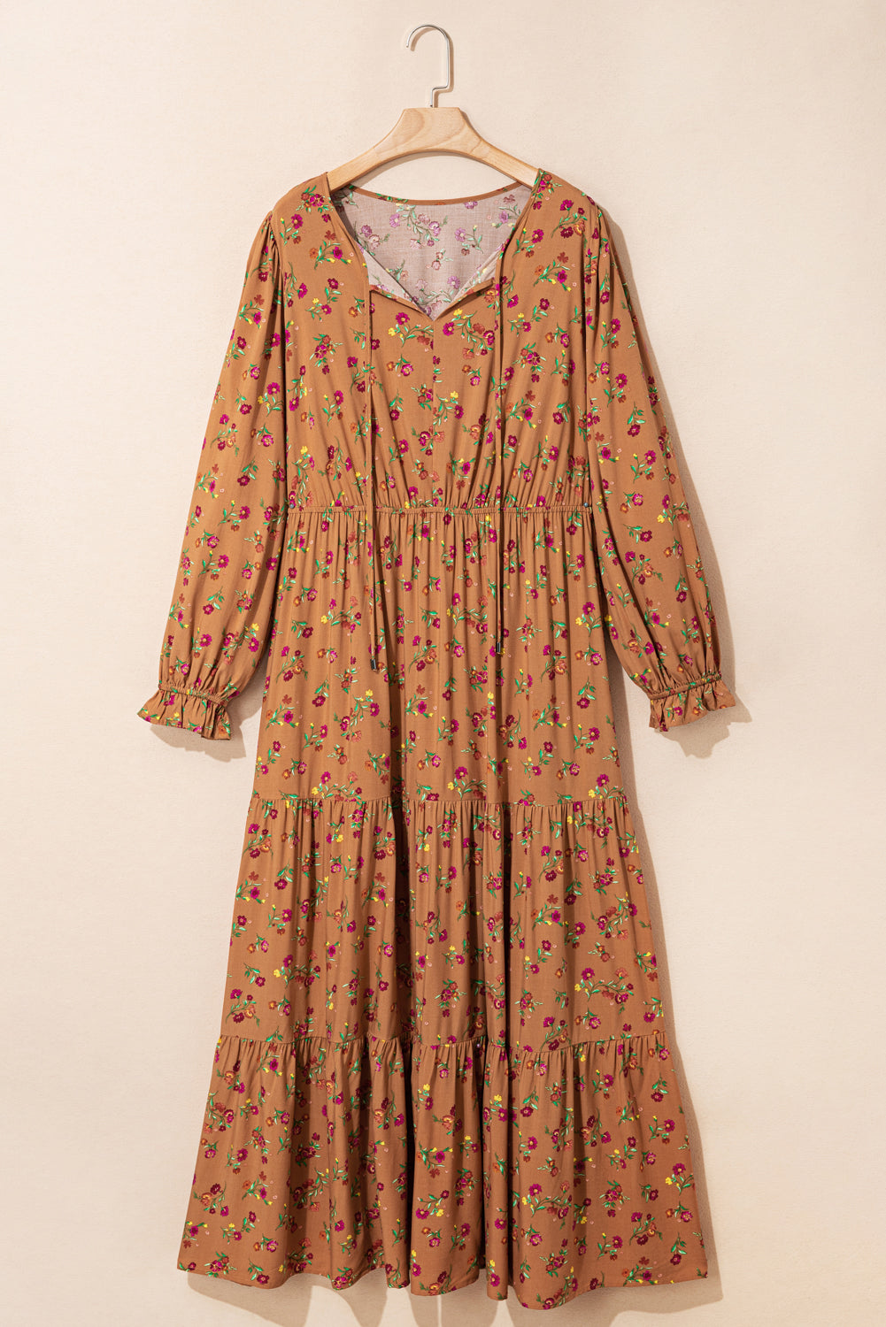 Stacey B's Brown Plus Size Floral Split V Neck Ruffled Sleeve Tiered Maxi Dress