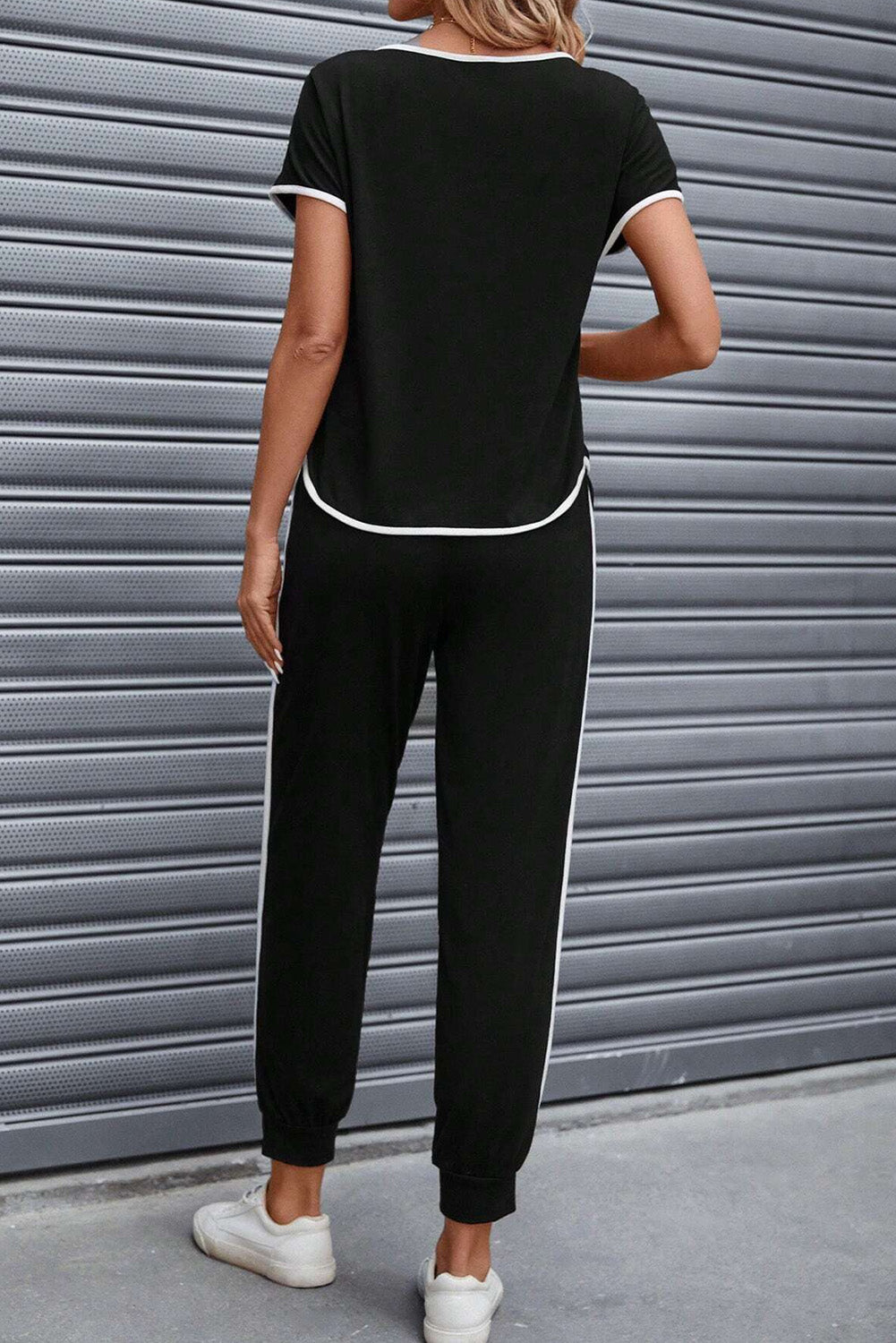 Stacey B's Contrast Trim Round Neck Top and Pants Set
