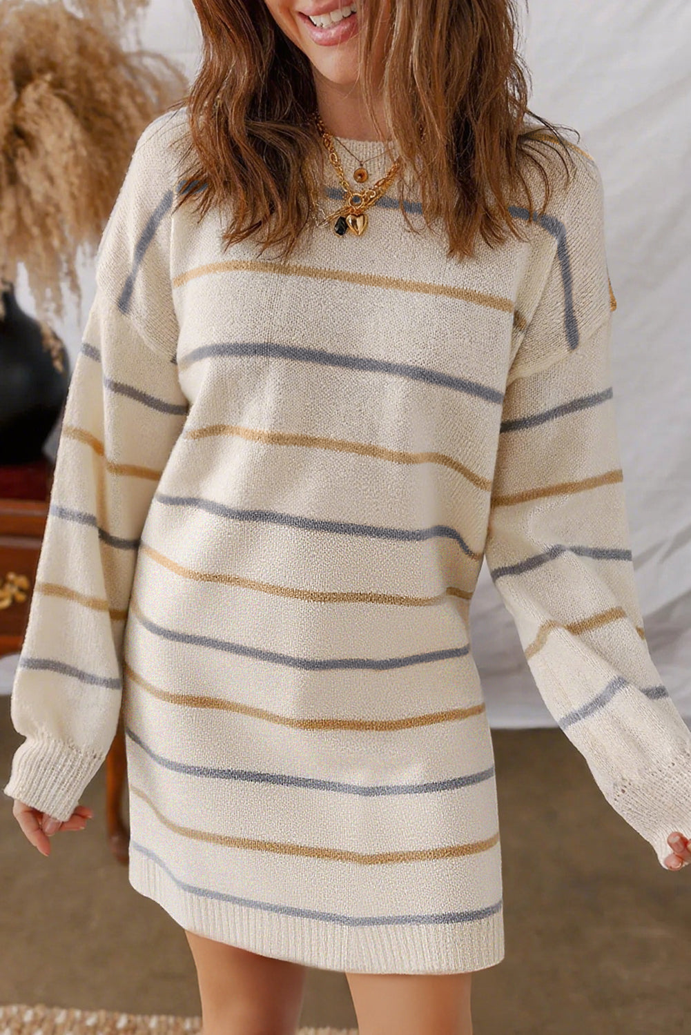 Stacey B's Multicolour Striped Print Drop Shoulder Shift Sweater Mini Dress