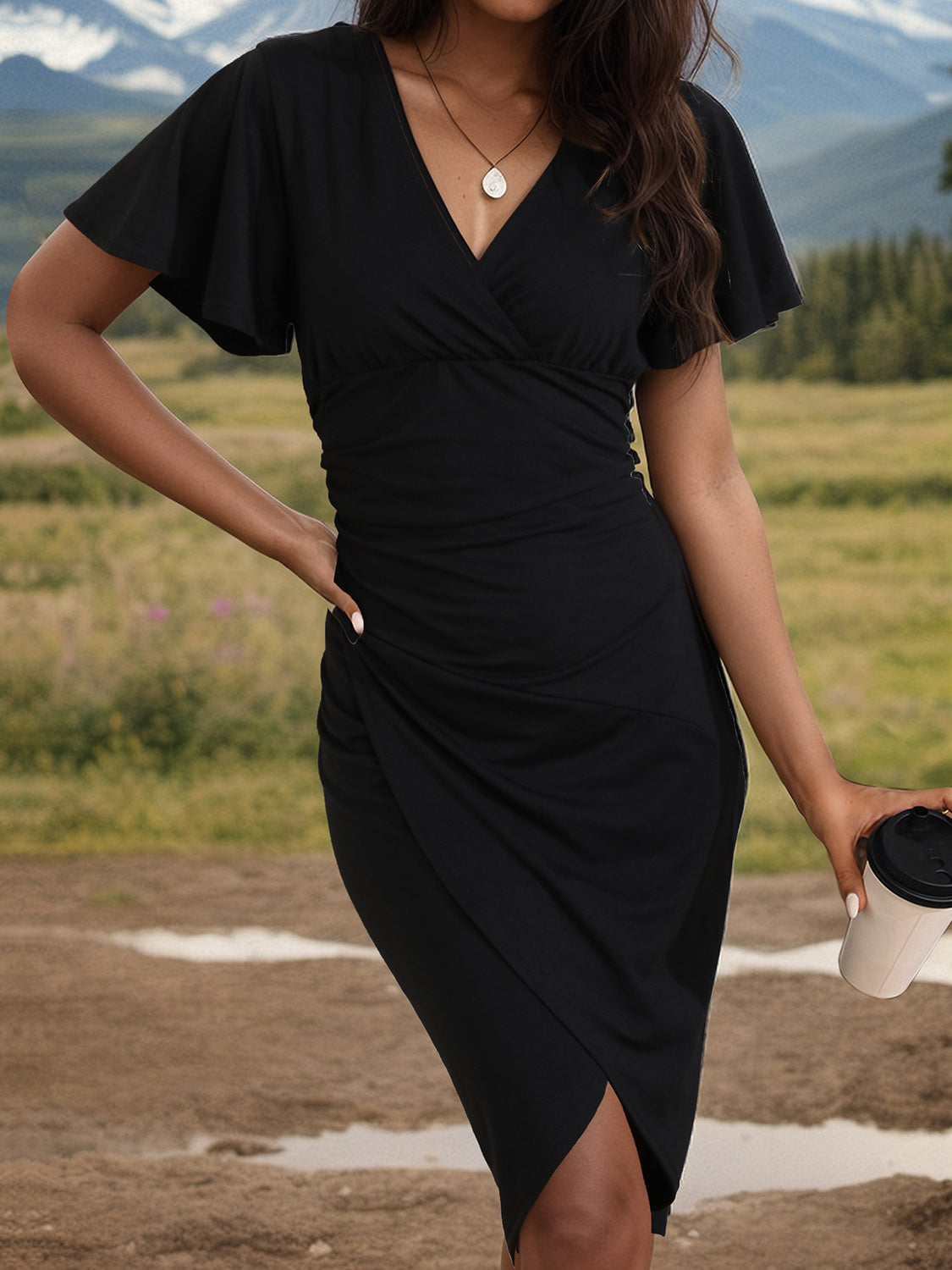 Stacey B's Ruched Surplice Short Sleeve Dress
