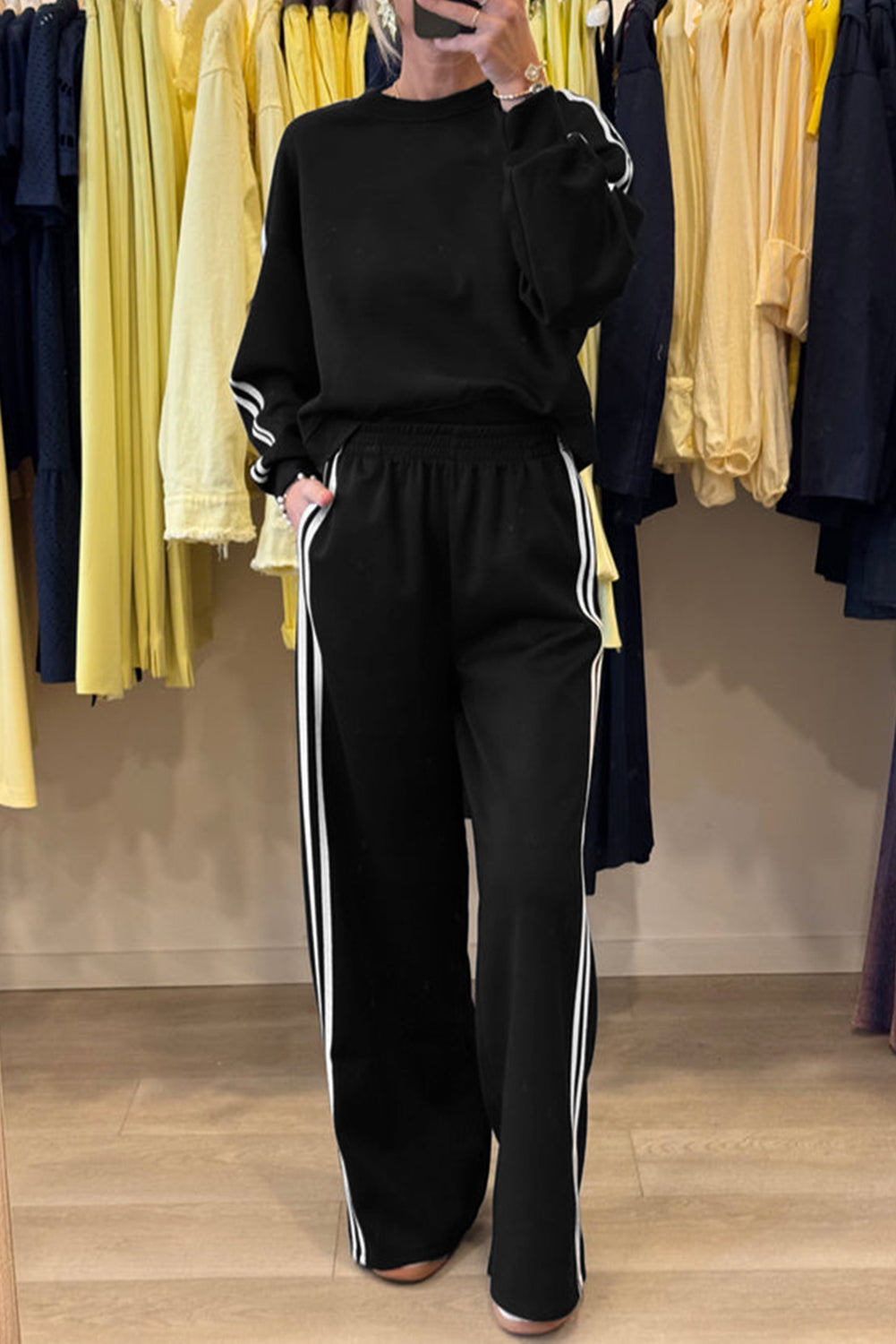 Stacey B's Fiery Red Varsity Striped Detail Cropped Pullover Wide Leg Pants 2pcs Outfit