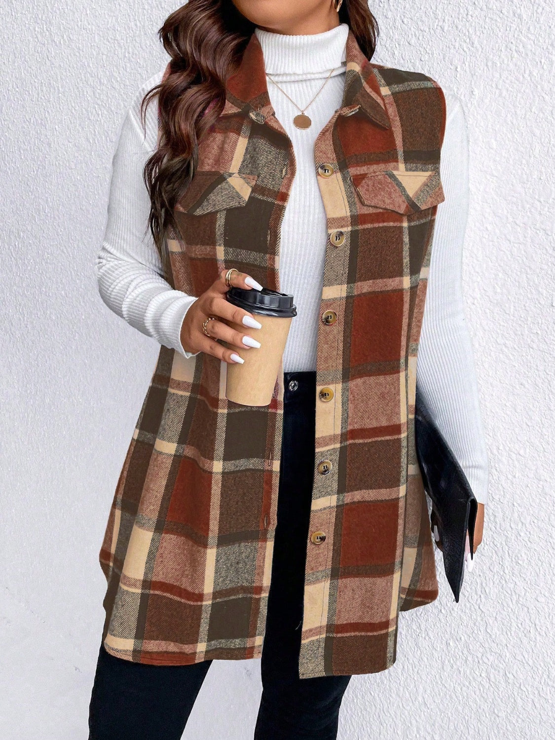Stacey B's Honey Plus Size Pocketed Plaid Button Up Vest Coat