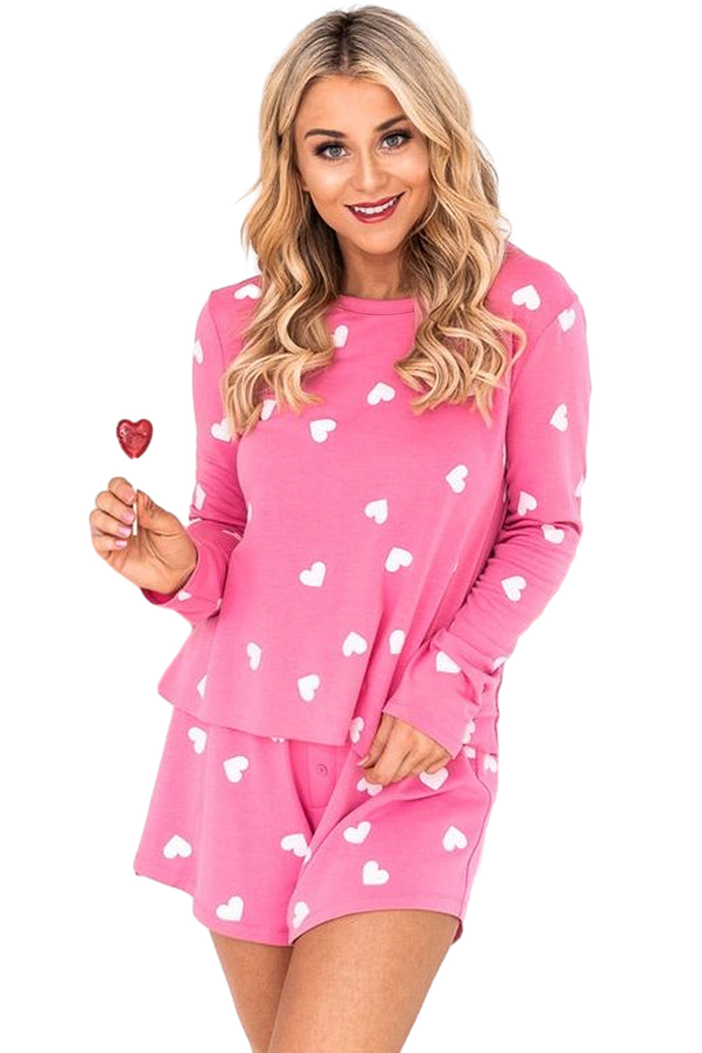 Stacey B's Pink Valentine Heart Print Long Sleeve Top and Shorts Pajama Set