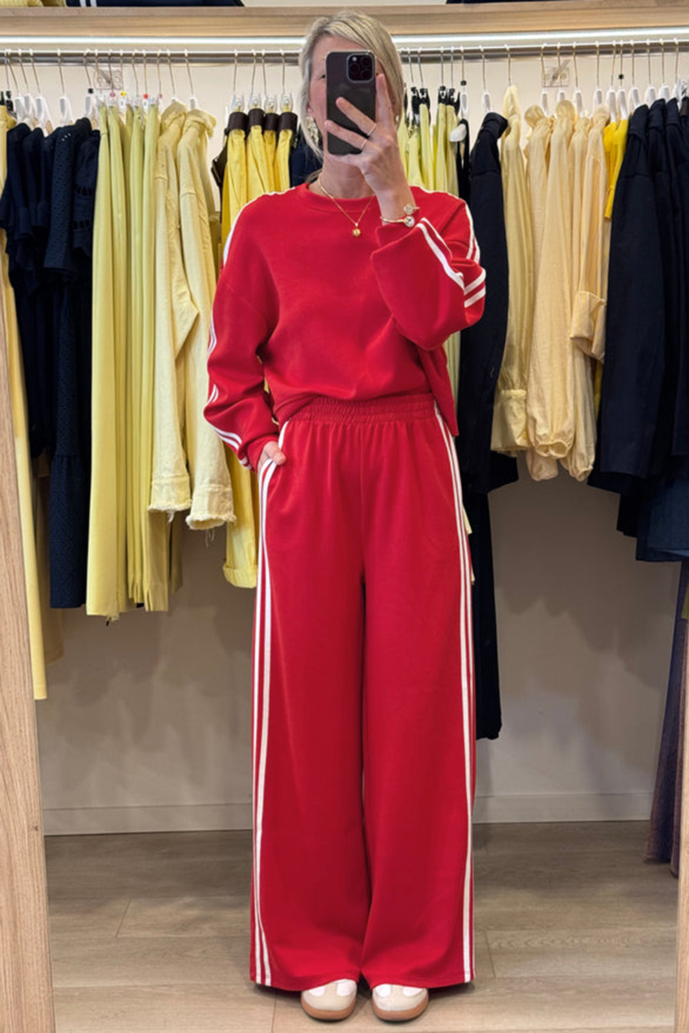 Stacey B's Fiery Red Varsity Striped Detail Cropped Pullover Wide Leg Pants 2pcs Outfit