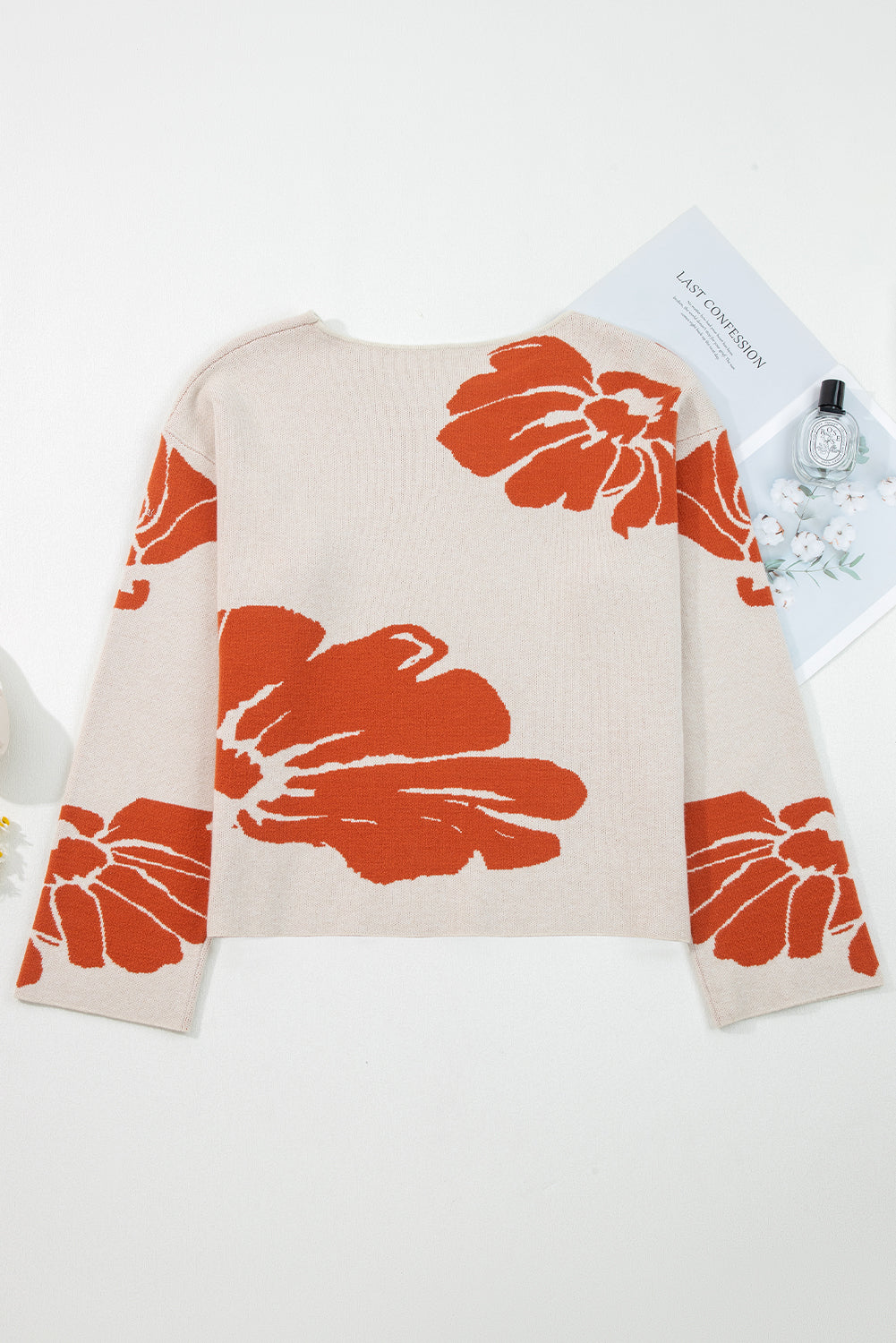 Stacey B's Beige Bold Flower Pattern Wide Sleeve Baggy Sweater